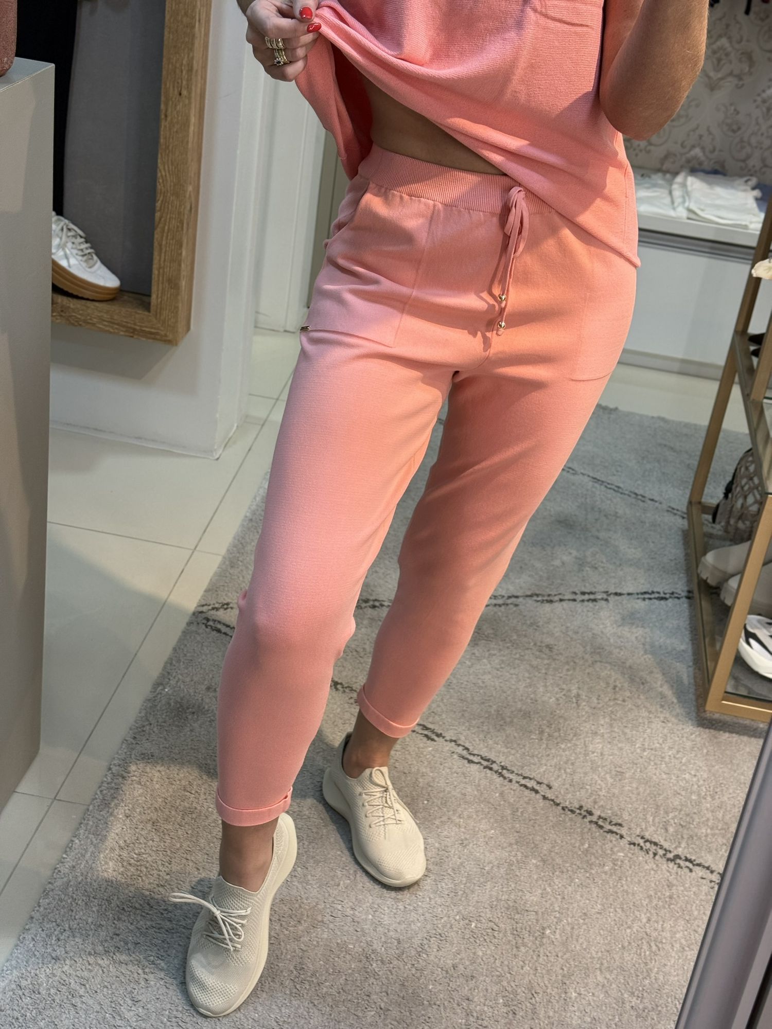 Calça De Tricô Com Barra Italiana Coral 0508