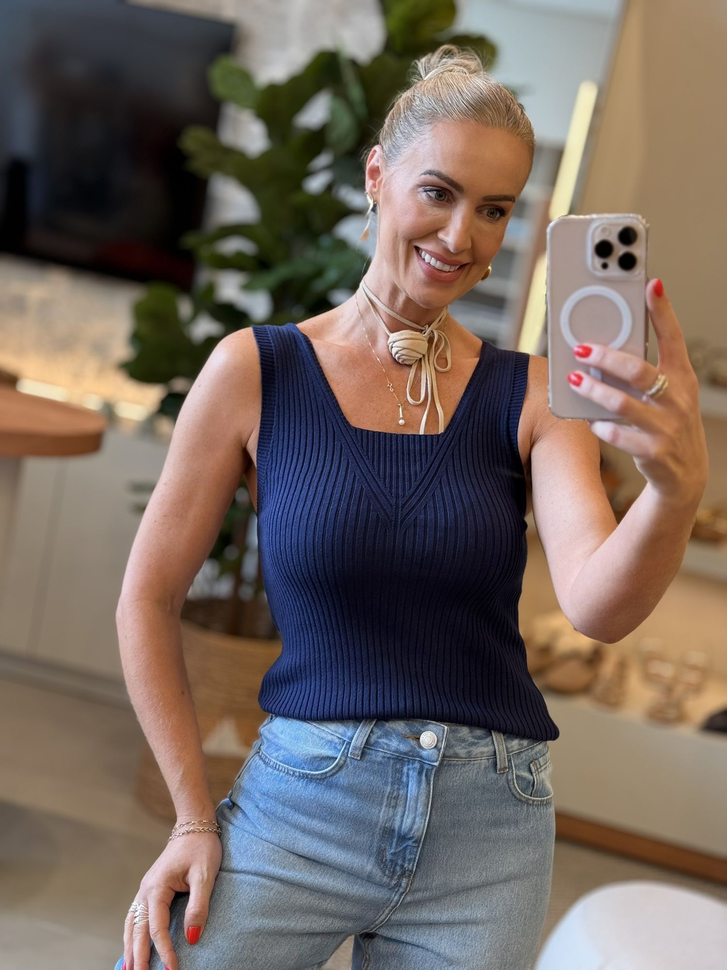 Regata Biamar Canelada Em Algodão Com Decote Quadrado Azul Marinho 1311 