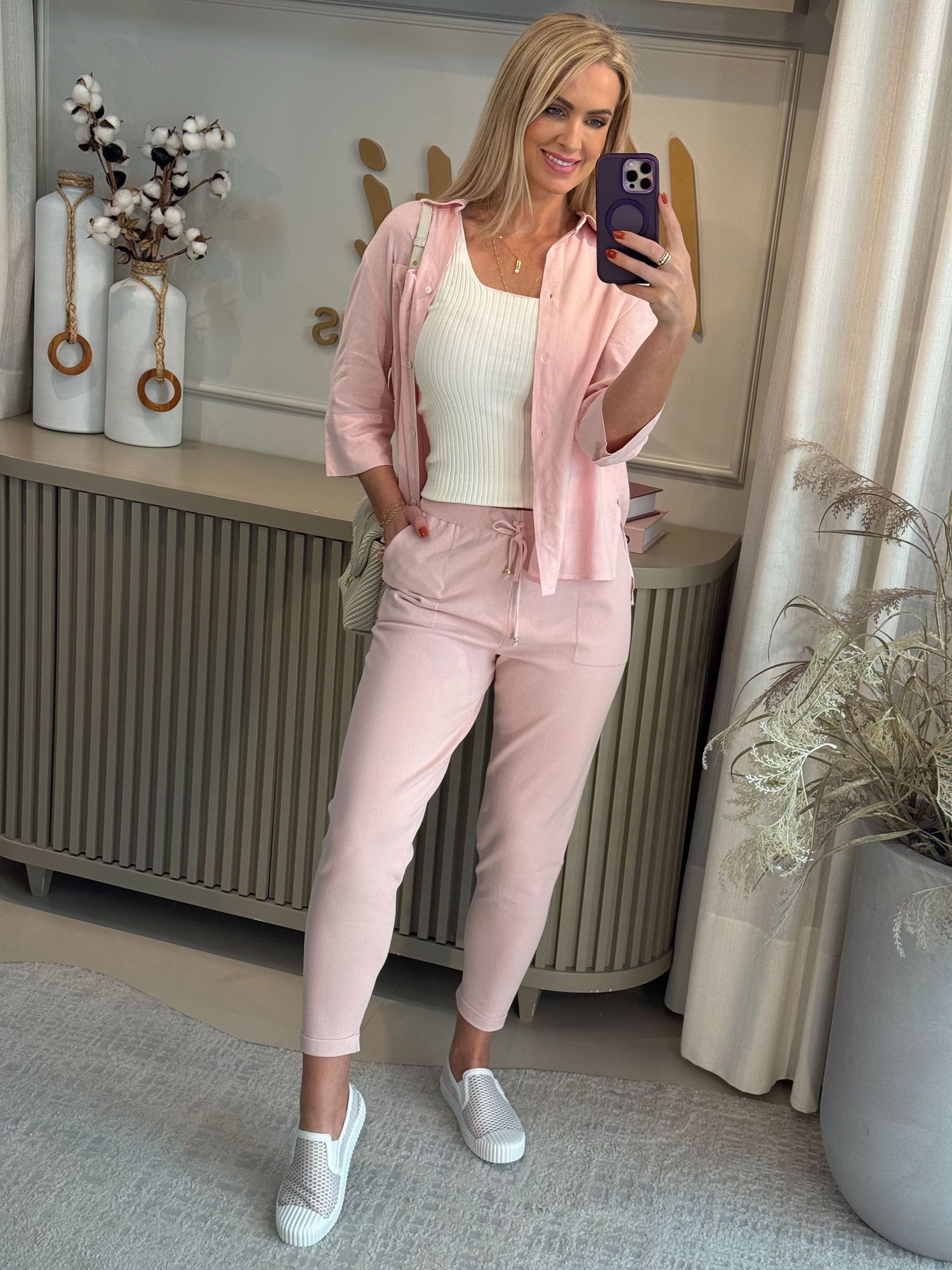 Calça De Tricô Com Barra Italiana Rosa E60