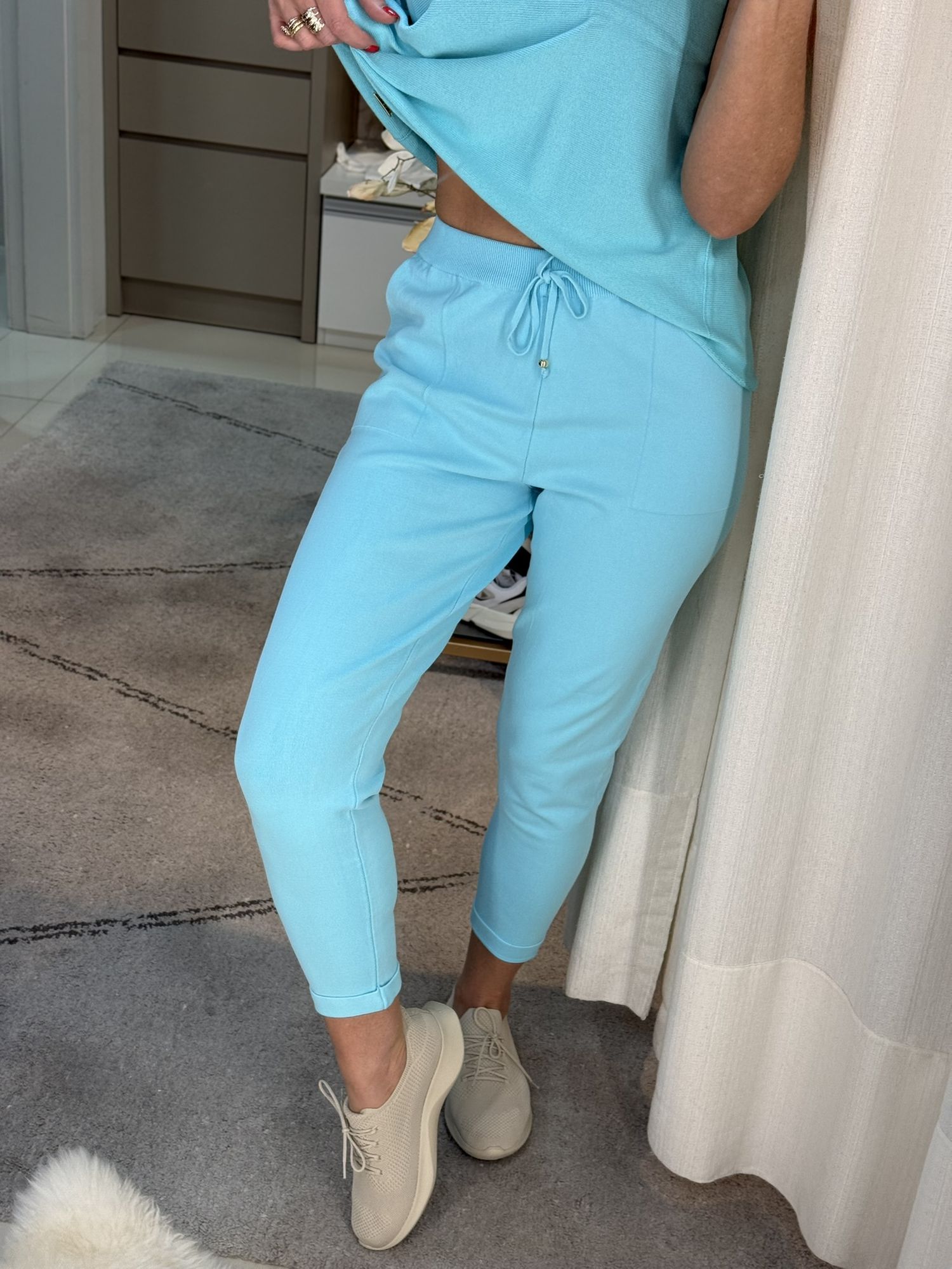 Calça De Tricô Com Barra Italiana Azul Turquesa