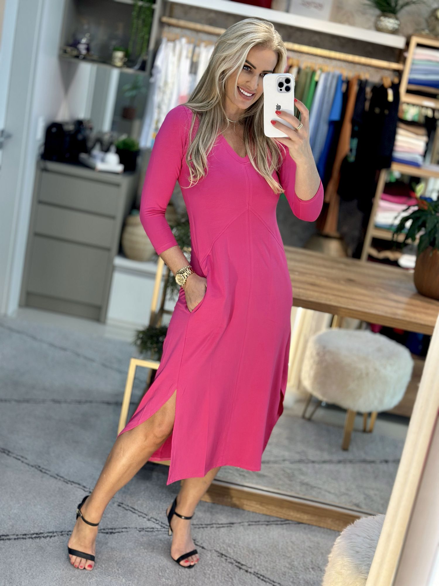 Vestido Midi Com Manga 3/4 Age Rosa Beat 