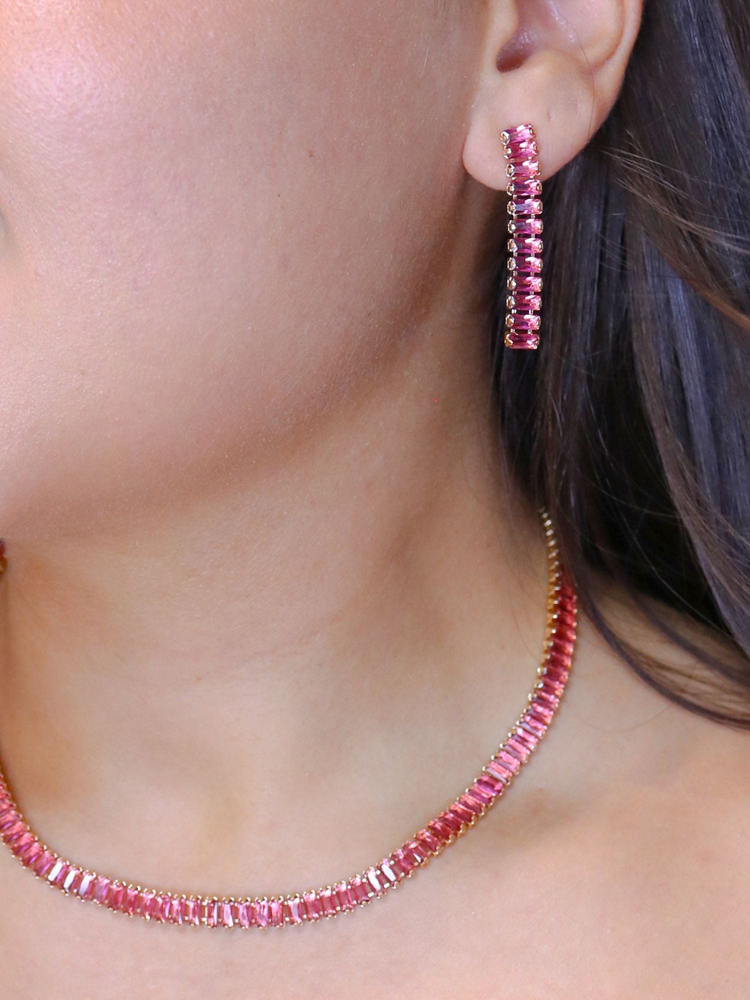 Conjunto riviera retangular rosa 5mm - MISS MODA BIJU