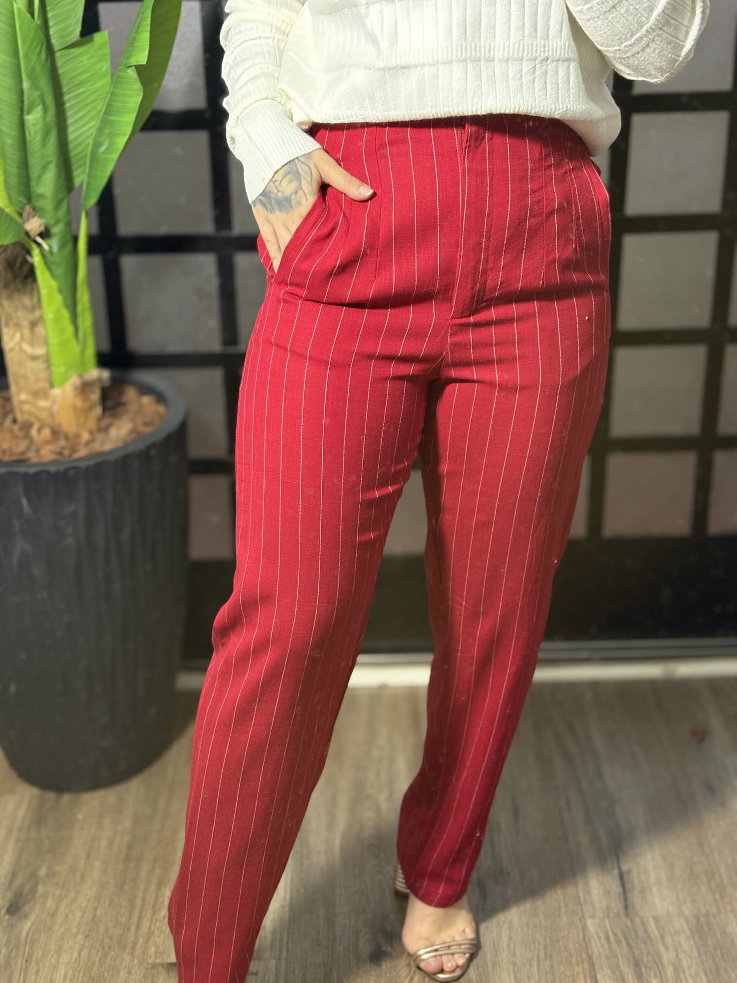 Calça linho risca de giz Simaria 1517- Vermelho