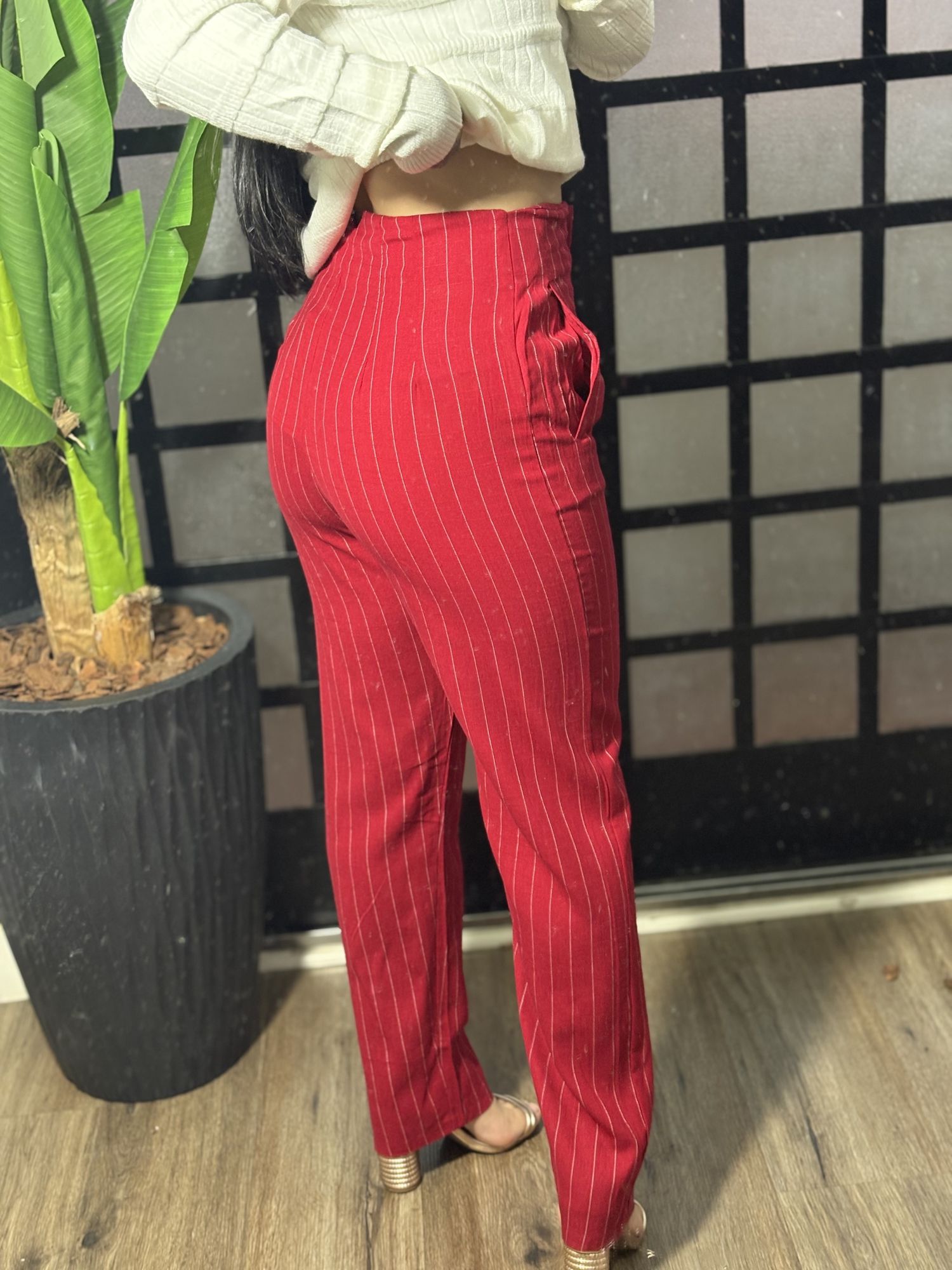 Calça linho risca de giz Simaria 1517- Vermelho