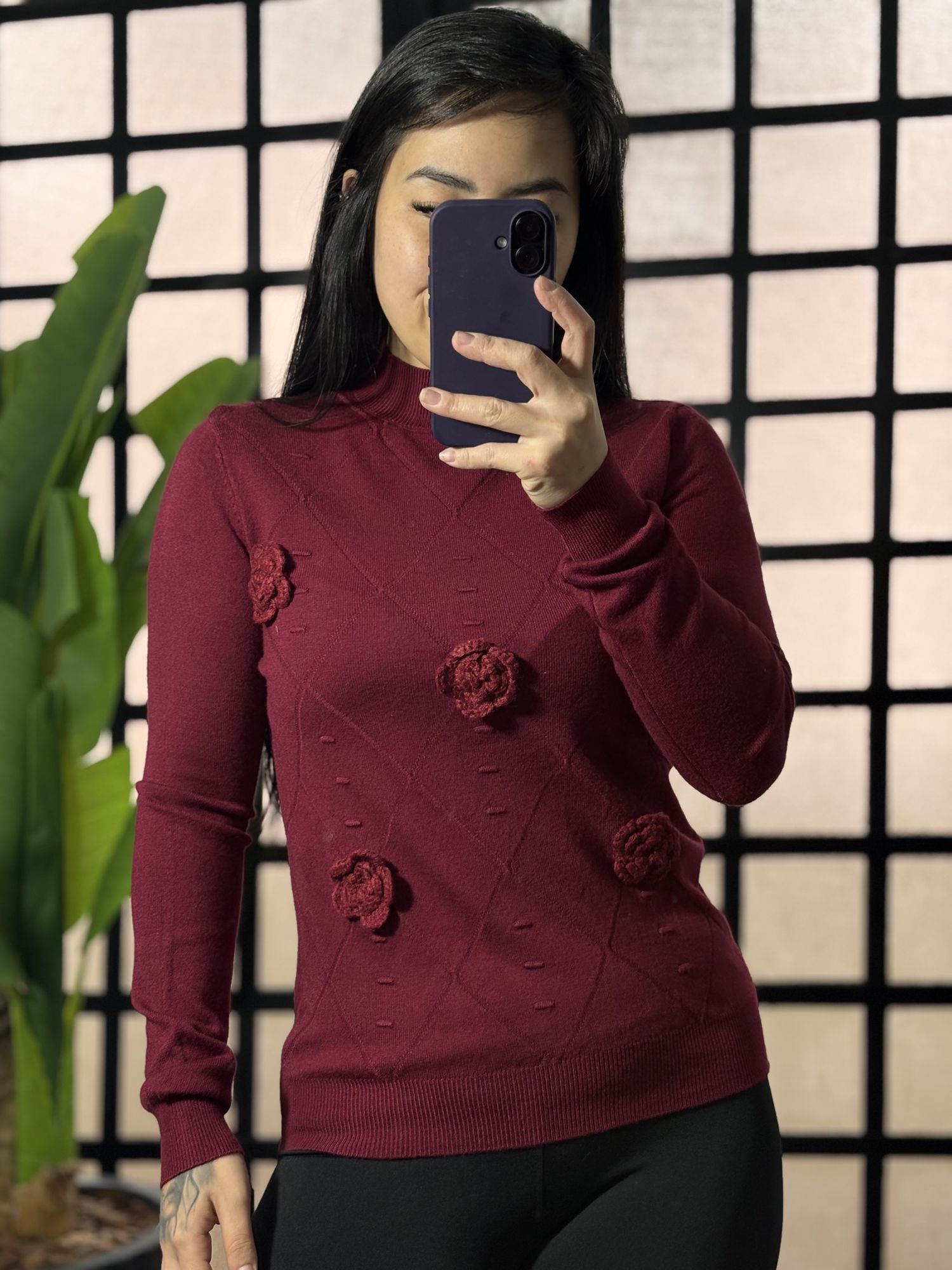 Blusa Trico flor Jasmin 1617- Vinho