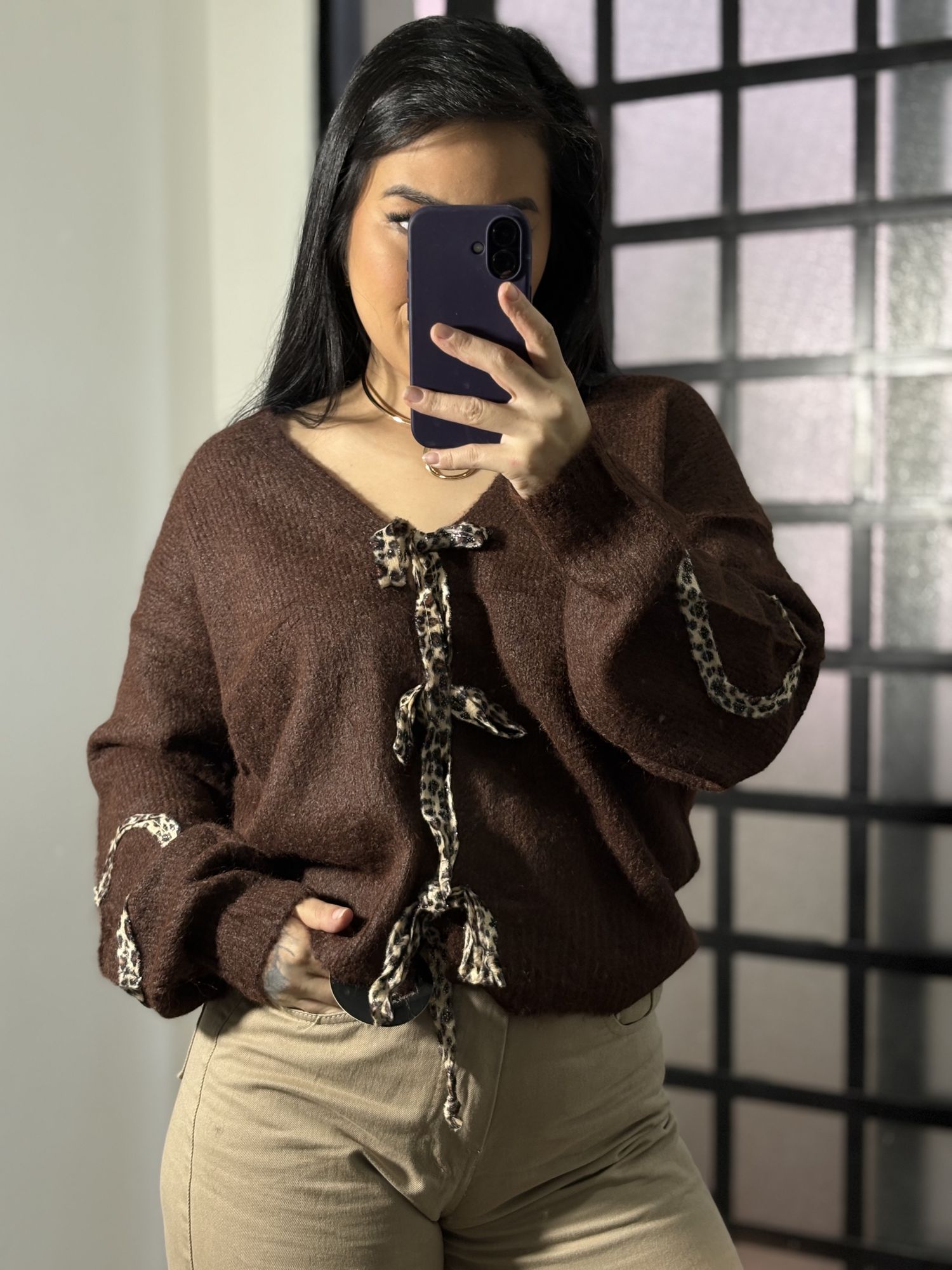 Blusa tricô amarração Sandy 3214-marrom 