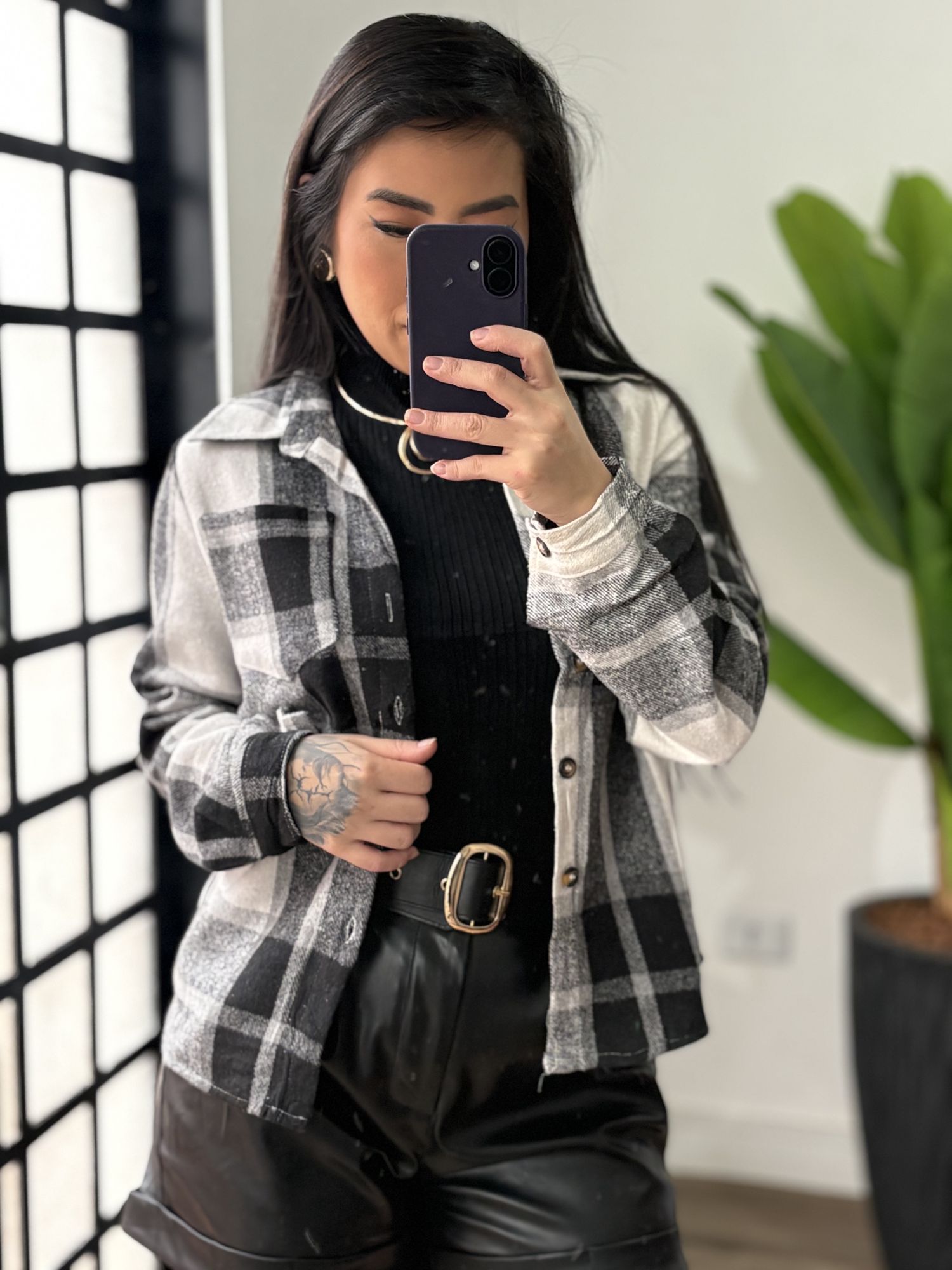 Camisa tipo lã batida xadrez 3203- Preto
