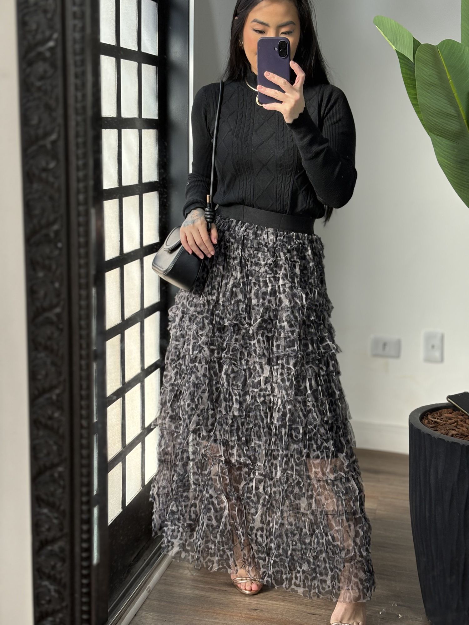 Saia tule animal print Dandara 3260 - Preto 