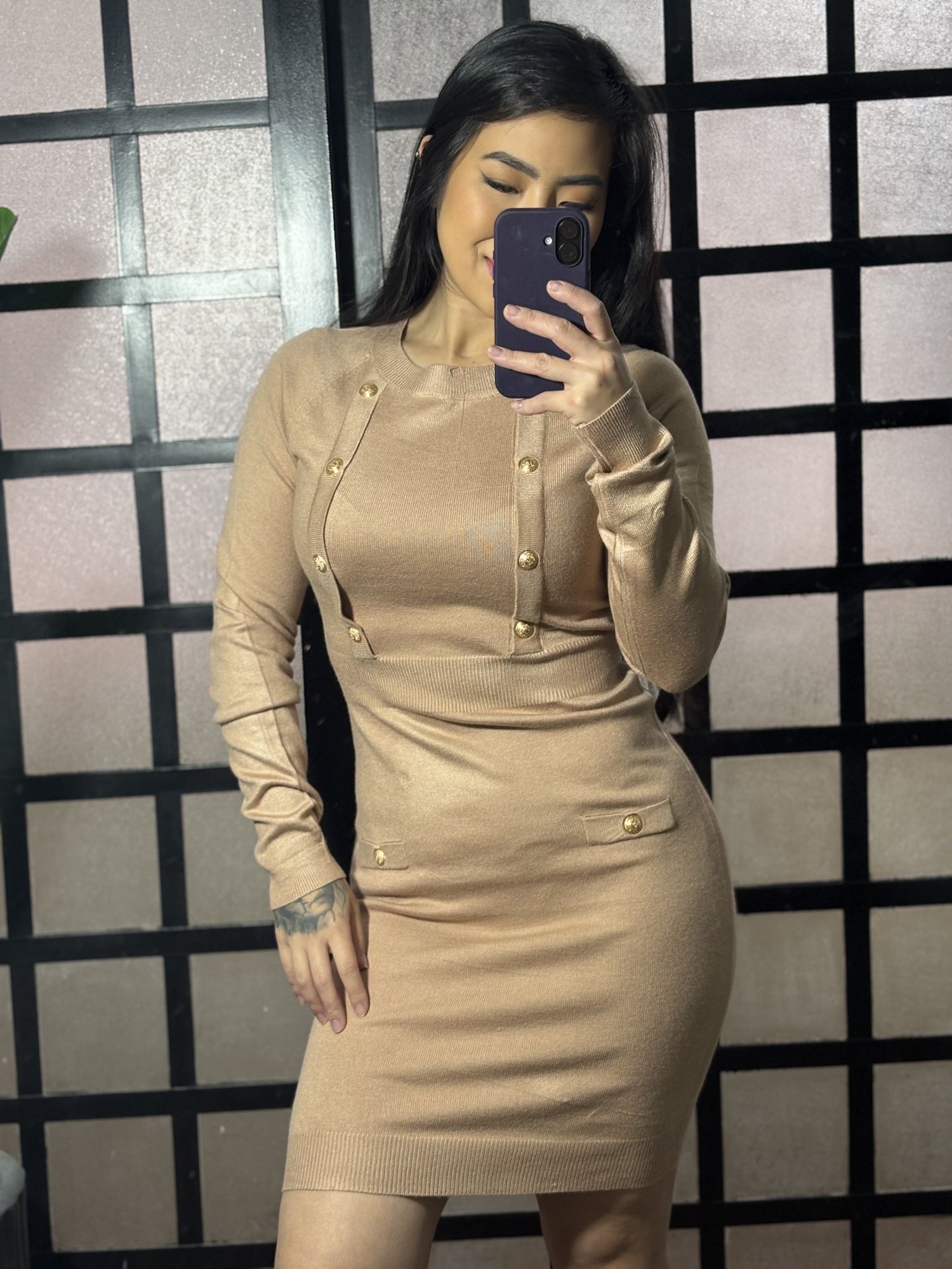 Vestido tricô botões Gabrieli 1505 - Bege 