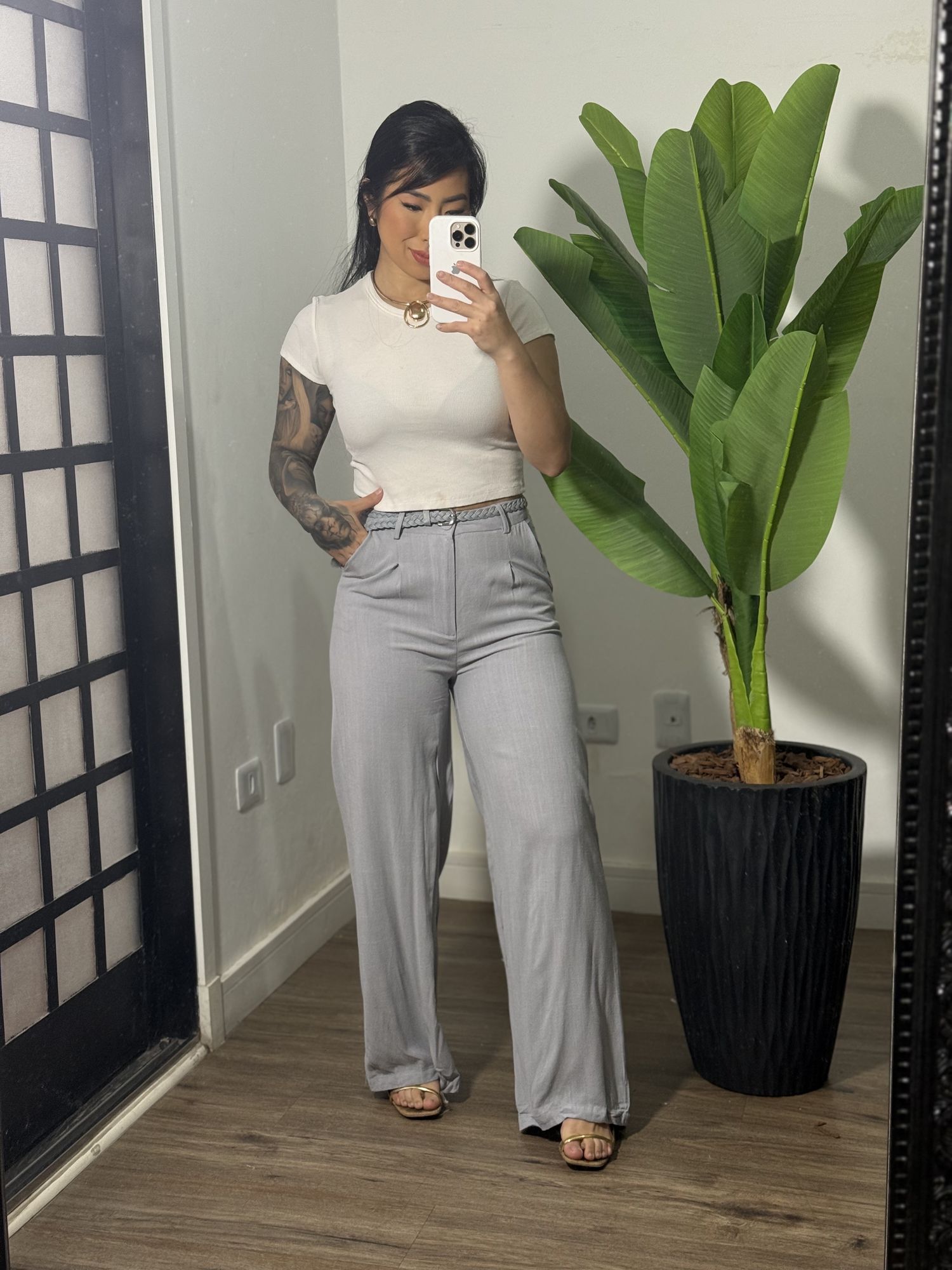 Calça linho com cinto trançado 7036 - cinza 