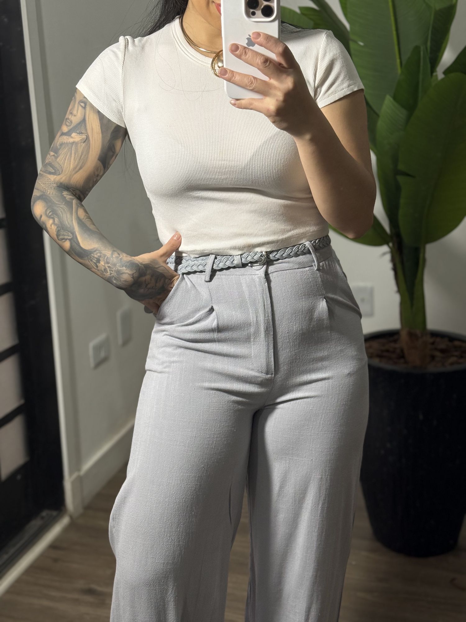 Calça linho com cinto trançado 7036 - cinza 