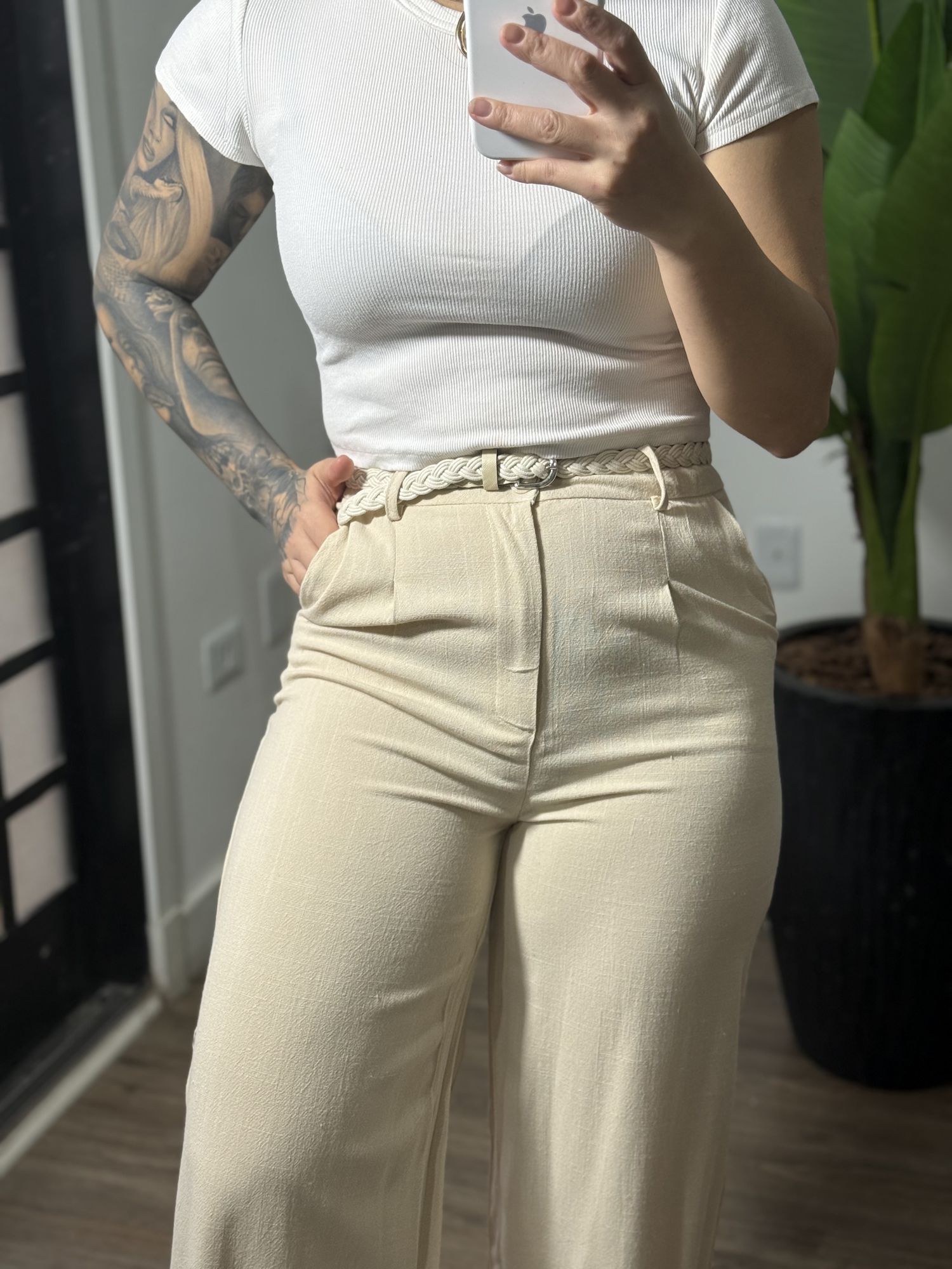 Calça com cinto trançado 7036 - Bege 