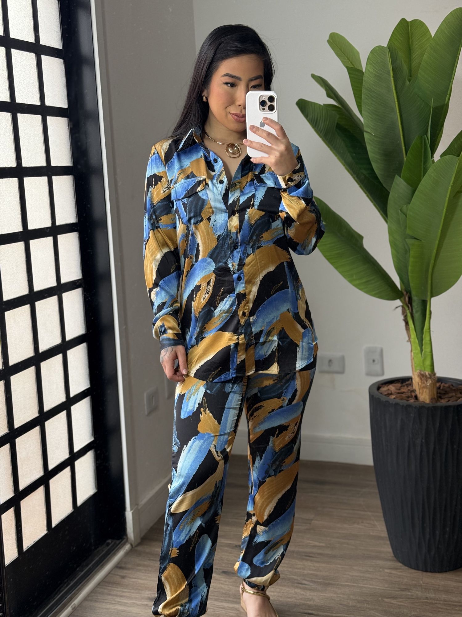 Conjunto Estampado Acetinado 2259- Azul Escuro 