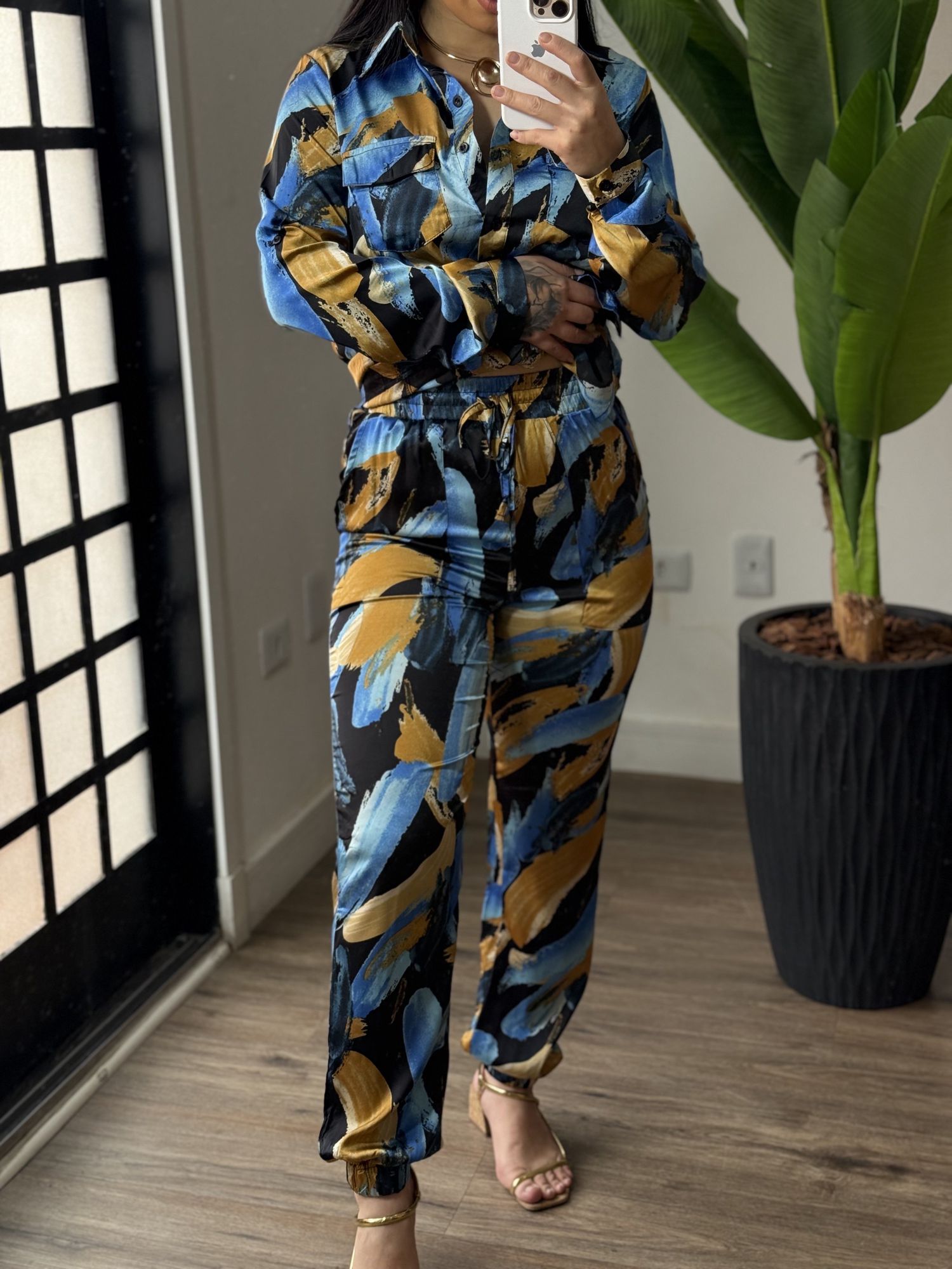 Conjunto Estampado Acetinado 2259- Azul Escuro 