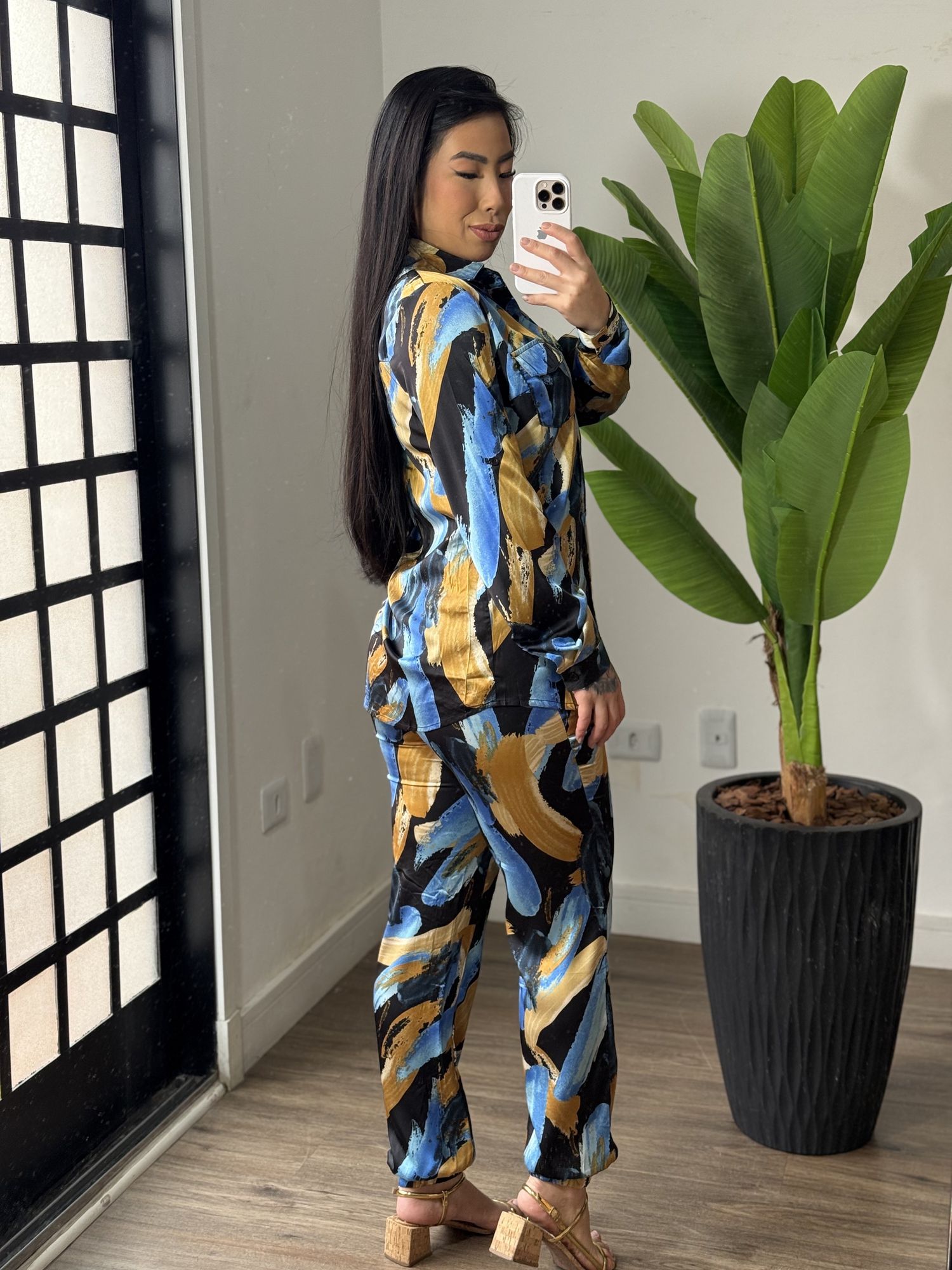 Conjunto Estampado Acetinado 2259- Azul Escuro 