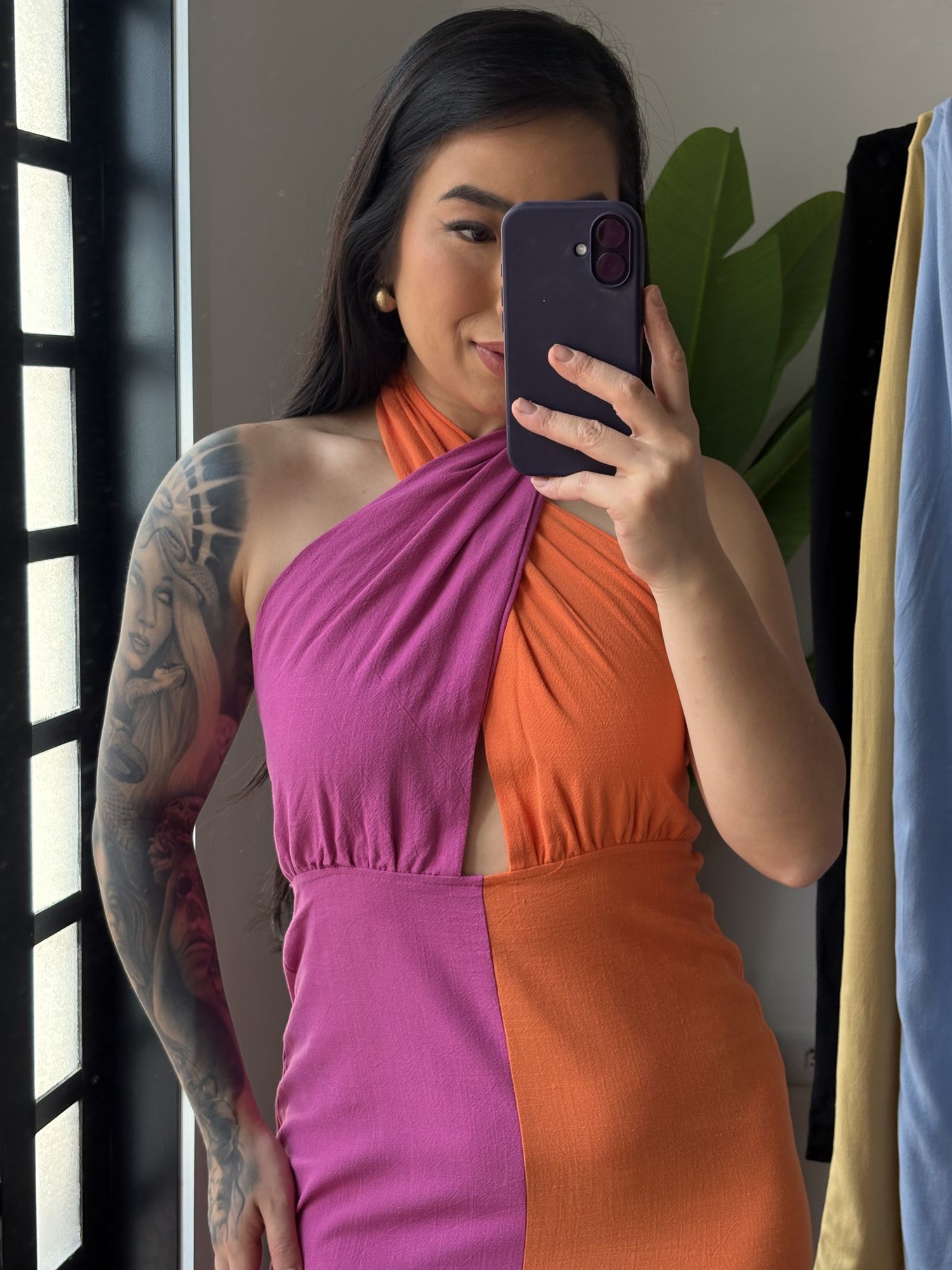 Vestido Linho Bicolor 2813 - Rosa com Laranja 