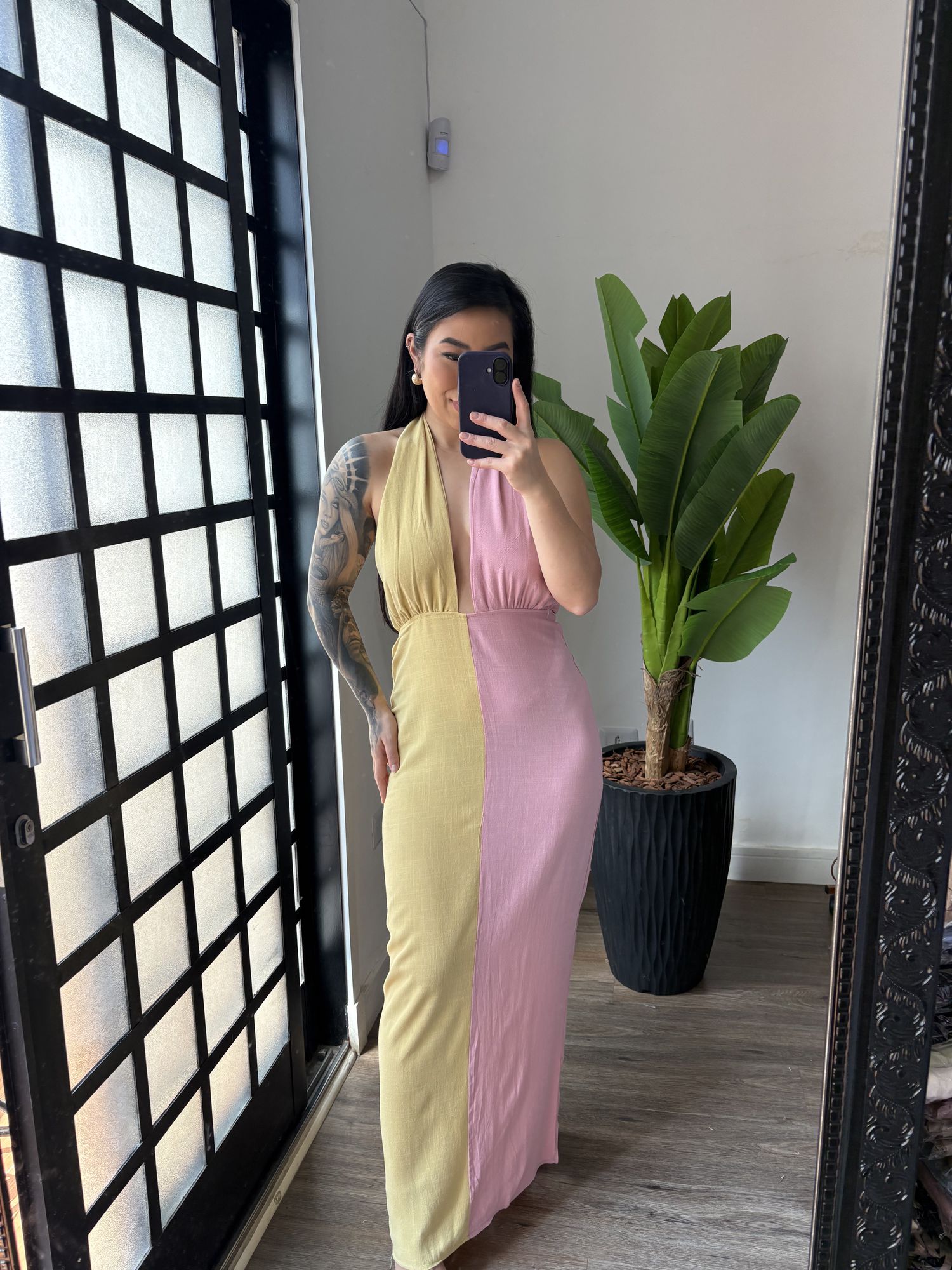 Vestido Linho Bicolor 2813 - Rosa com Amarelo 