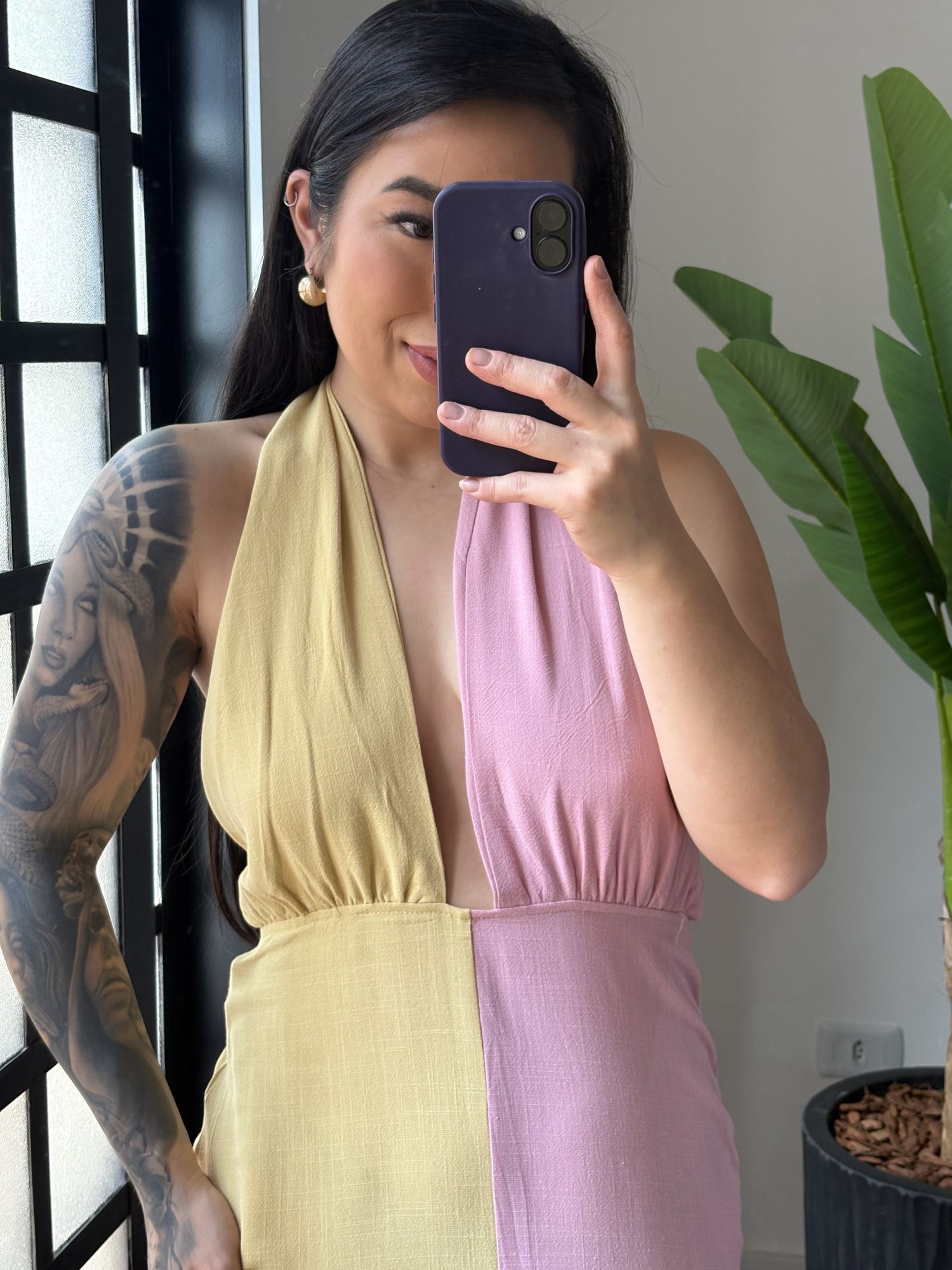 Vestido Linho Bicolor 2813 - Rosa com Amarelo 