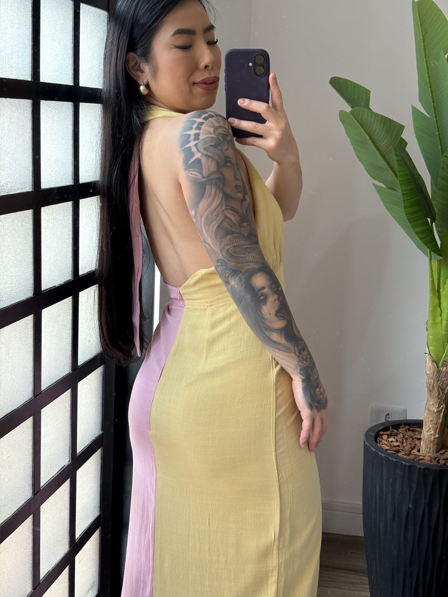 Vestido Linho Bicolor 2813 - Rosa com Amarelo 