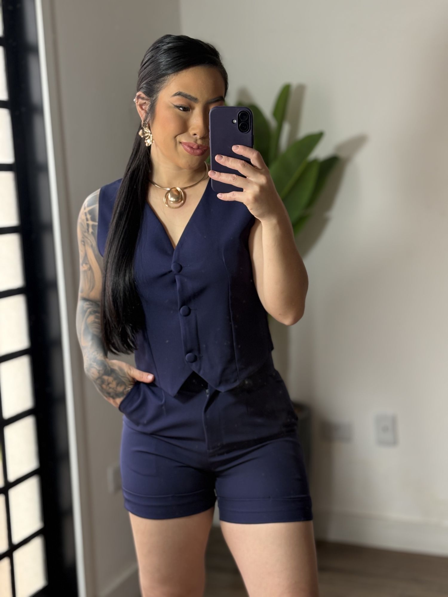 Conjunto Shorts Alfaiataria Dália 86 - Azul Marinho 