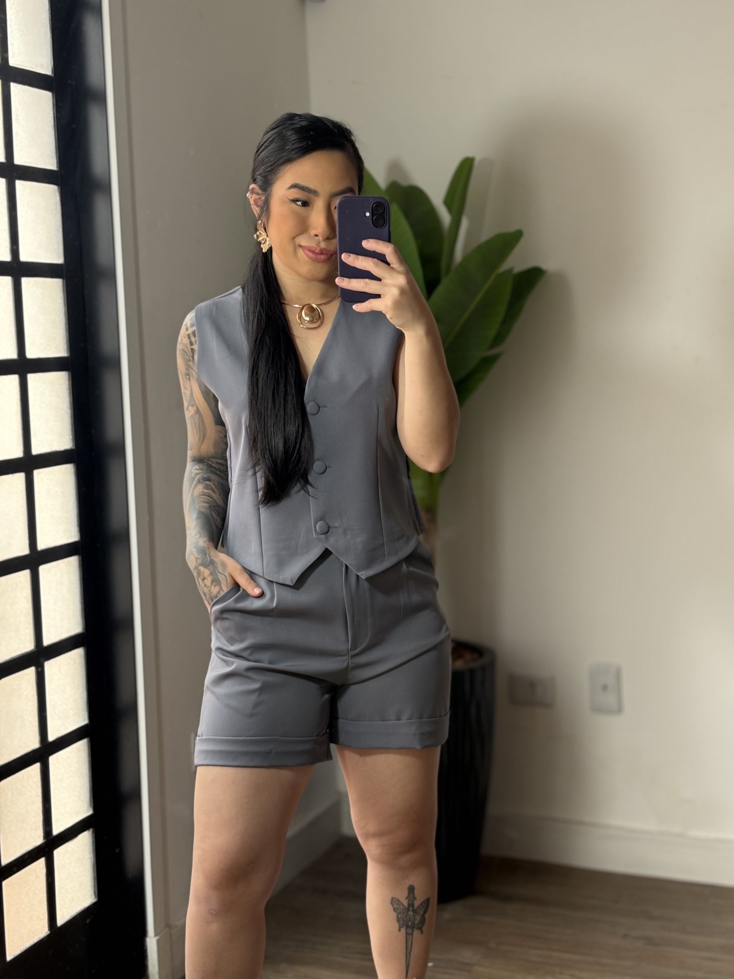 Conjunto Shorts Alfaiataria Dália 86 - Cinza