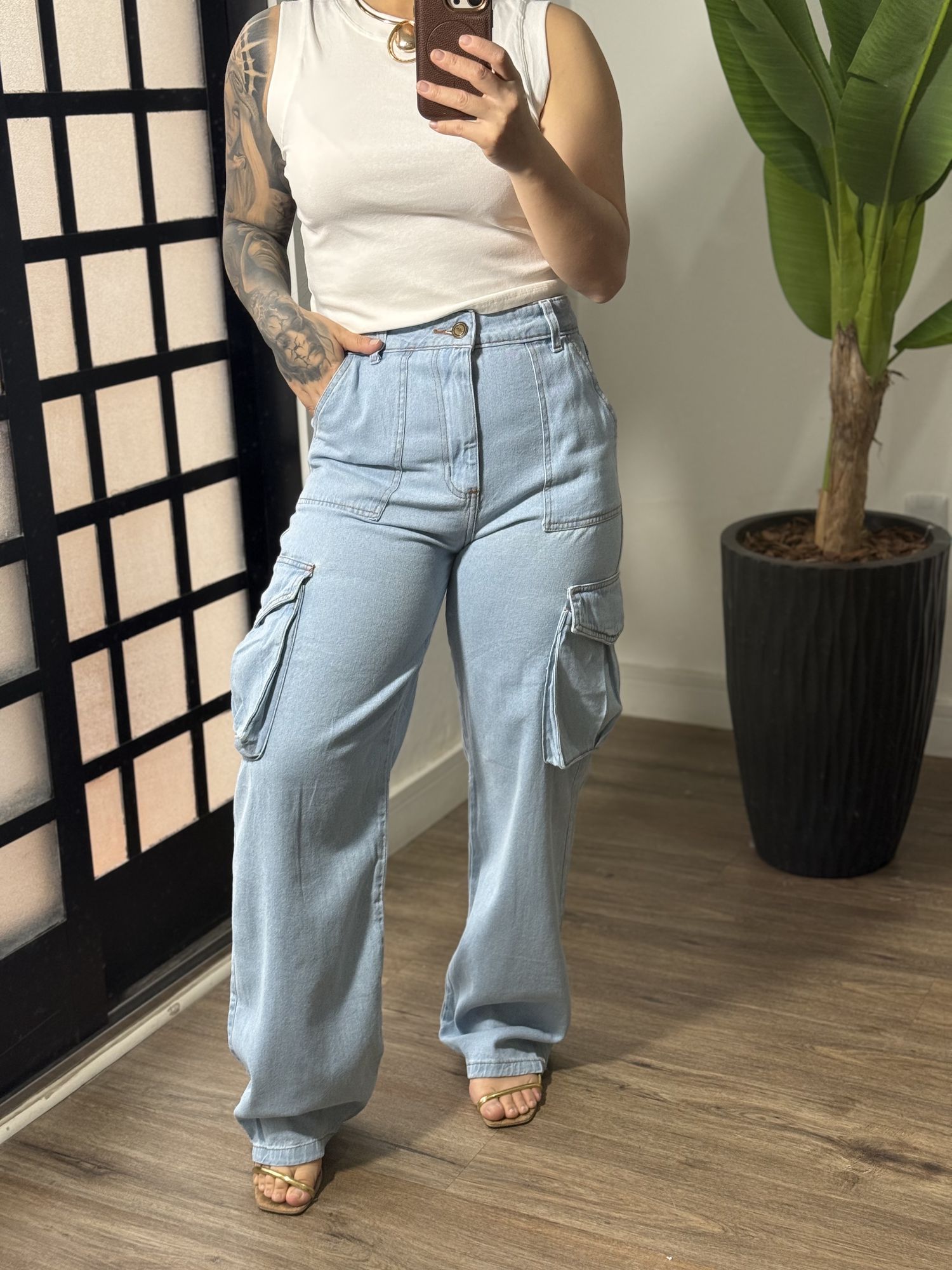Calça Wide Leg Cargo P8565 - Azul Claro