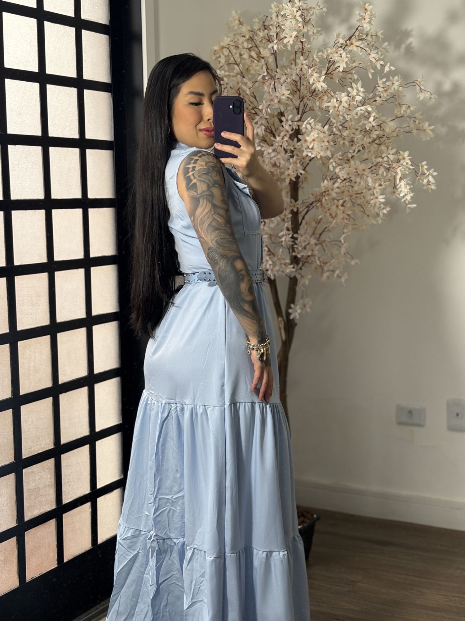 Vestido Longo com Cinto Emilly 025 - Azul Claro C062