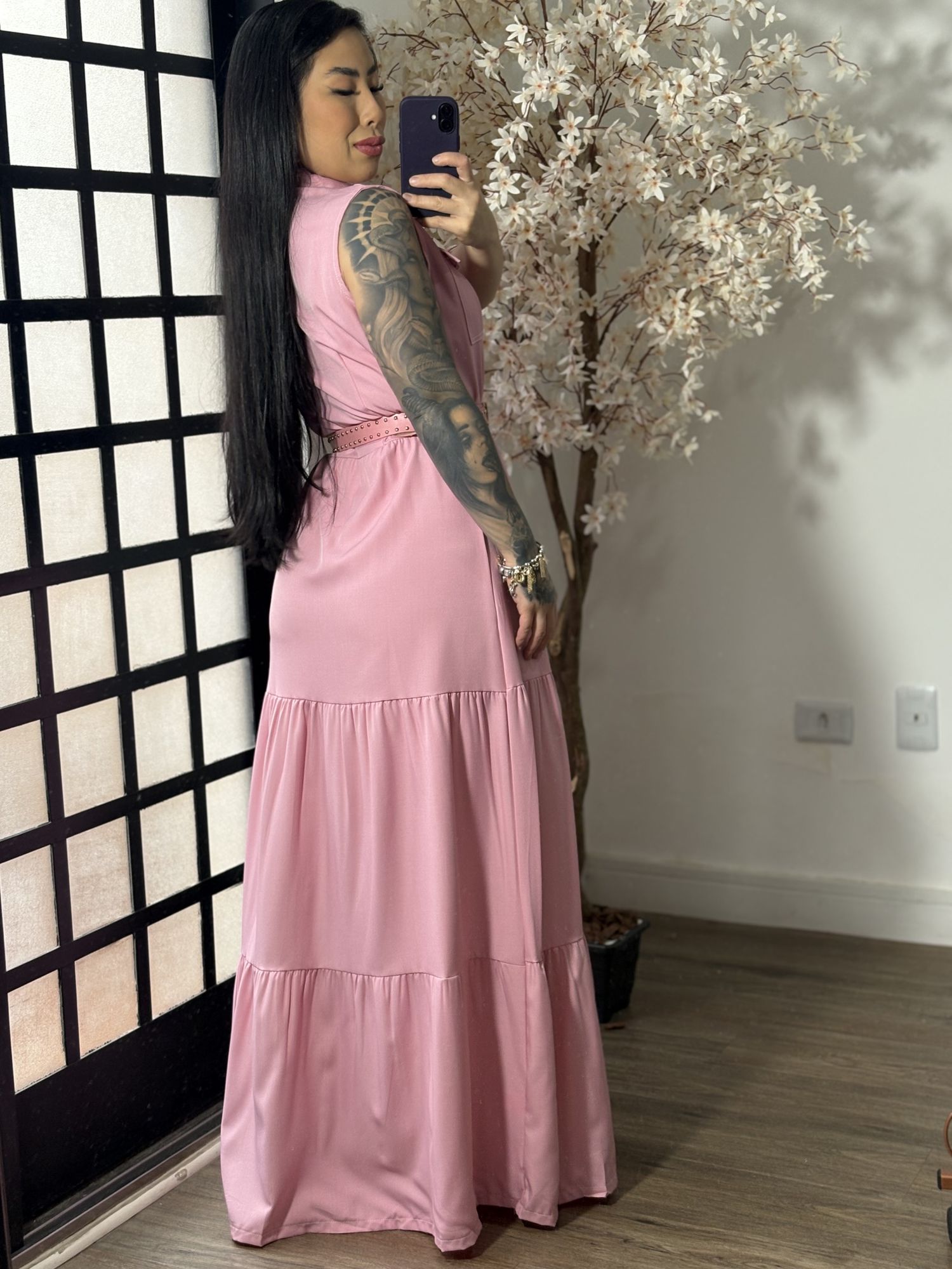 Vestido Longo com Cinto Emilly 025 - Rosa C062