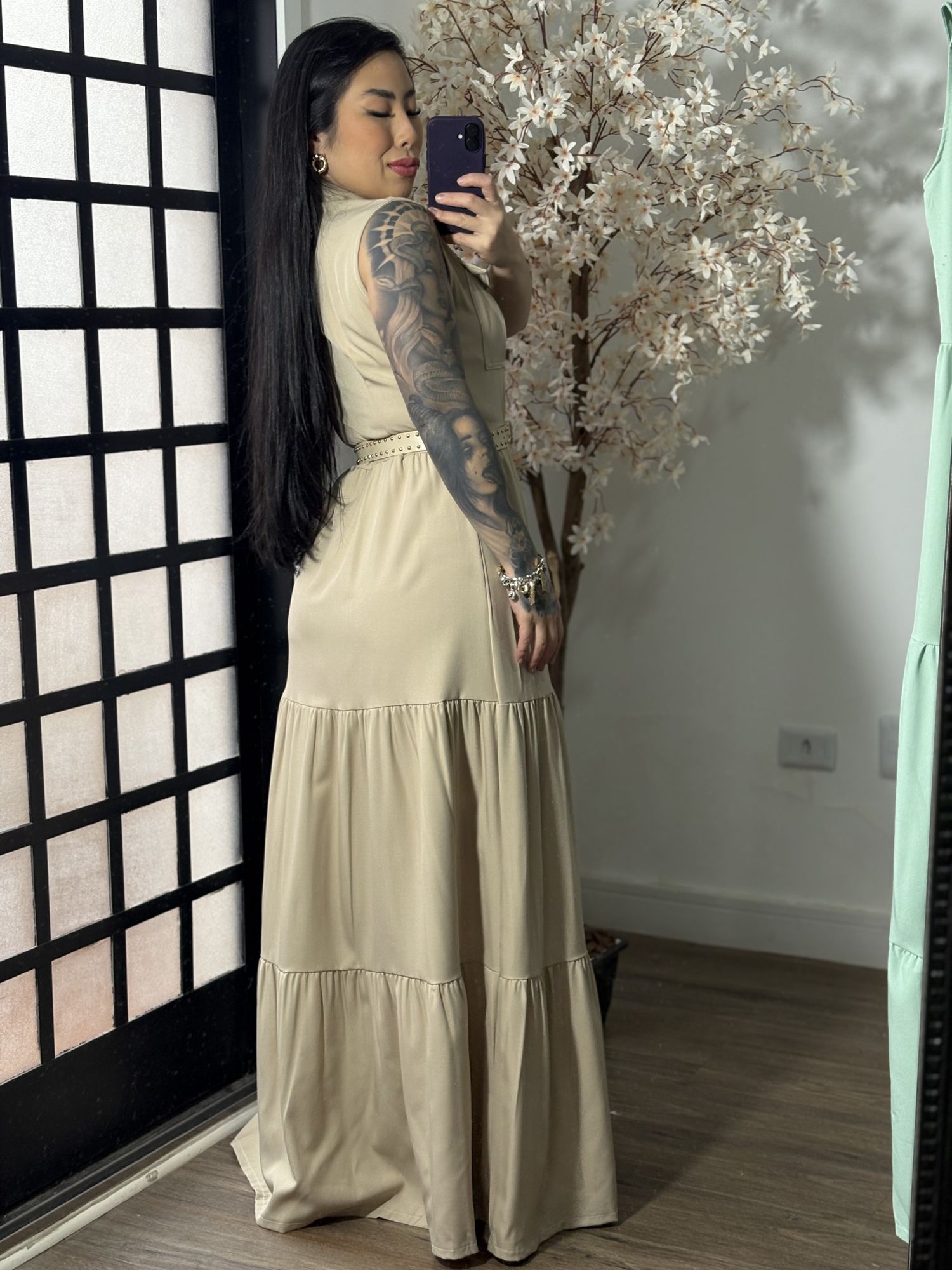 Vestido Longo com Cinto Emilly 025 - Bege C062