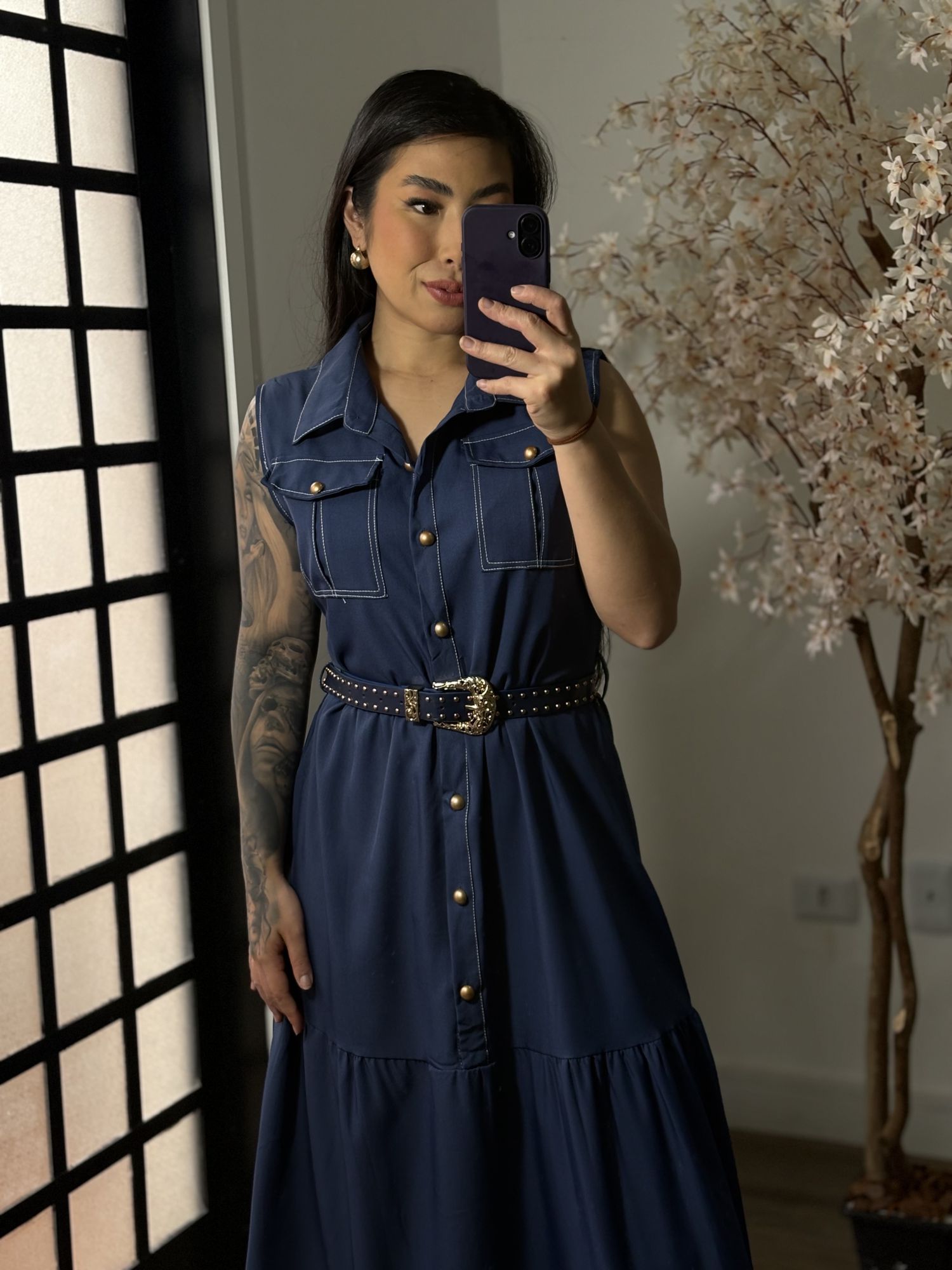 Vestido longo com Cinto Emilly 025 - Azul Marinho C062
