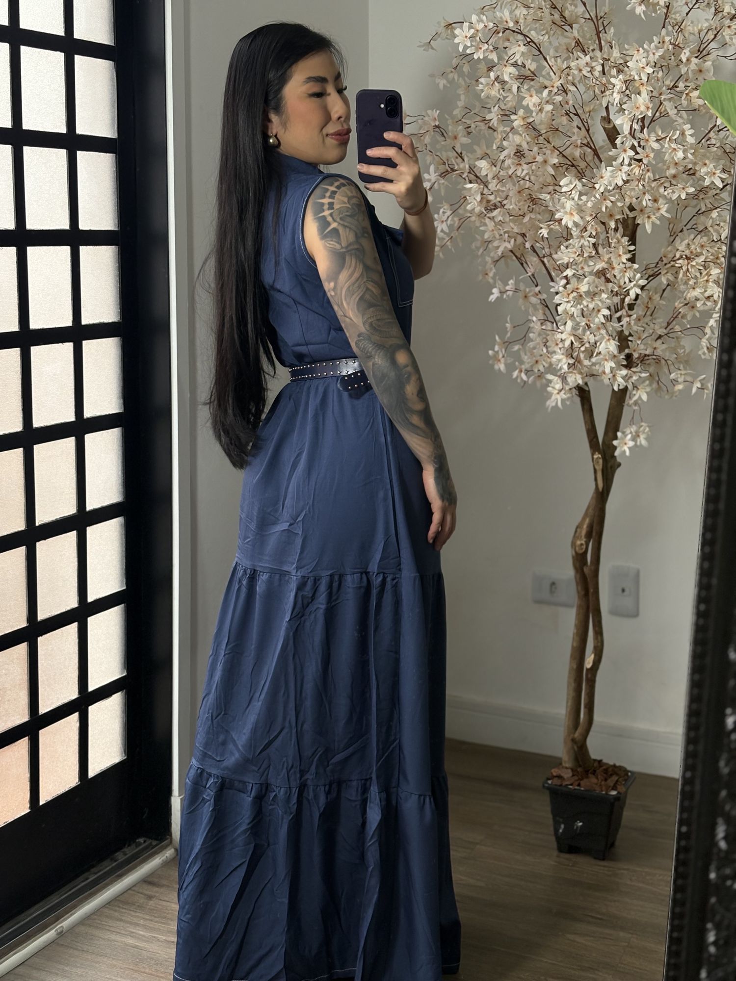 Vestido longo com Cinto Emilly 025 - Azul Marinho C062