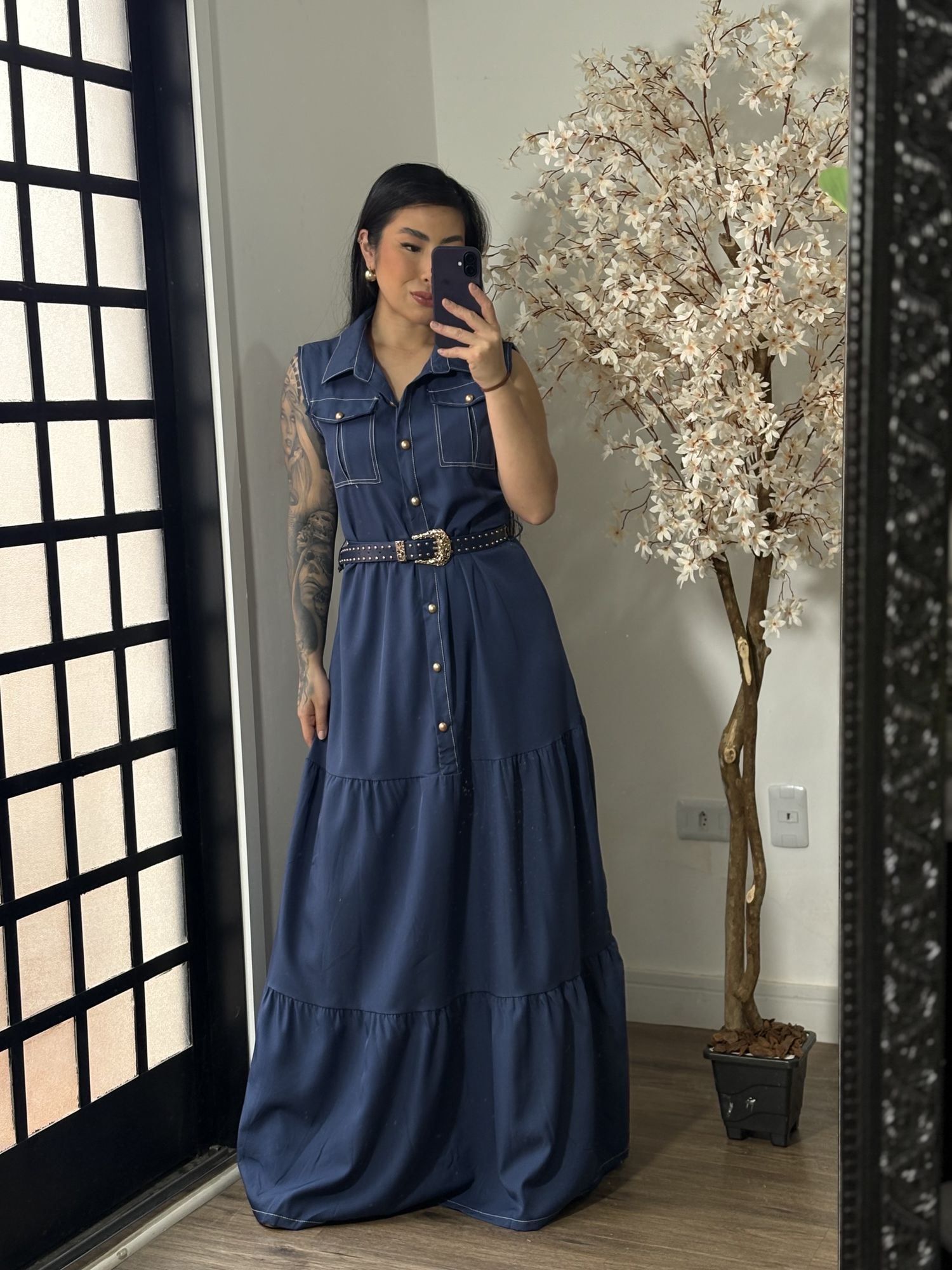 Vestido longo com Cinto Emilly 025 - Azul Marinho C062