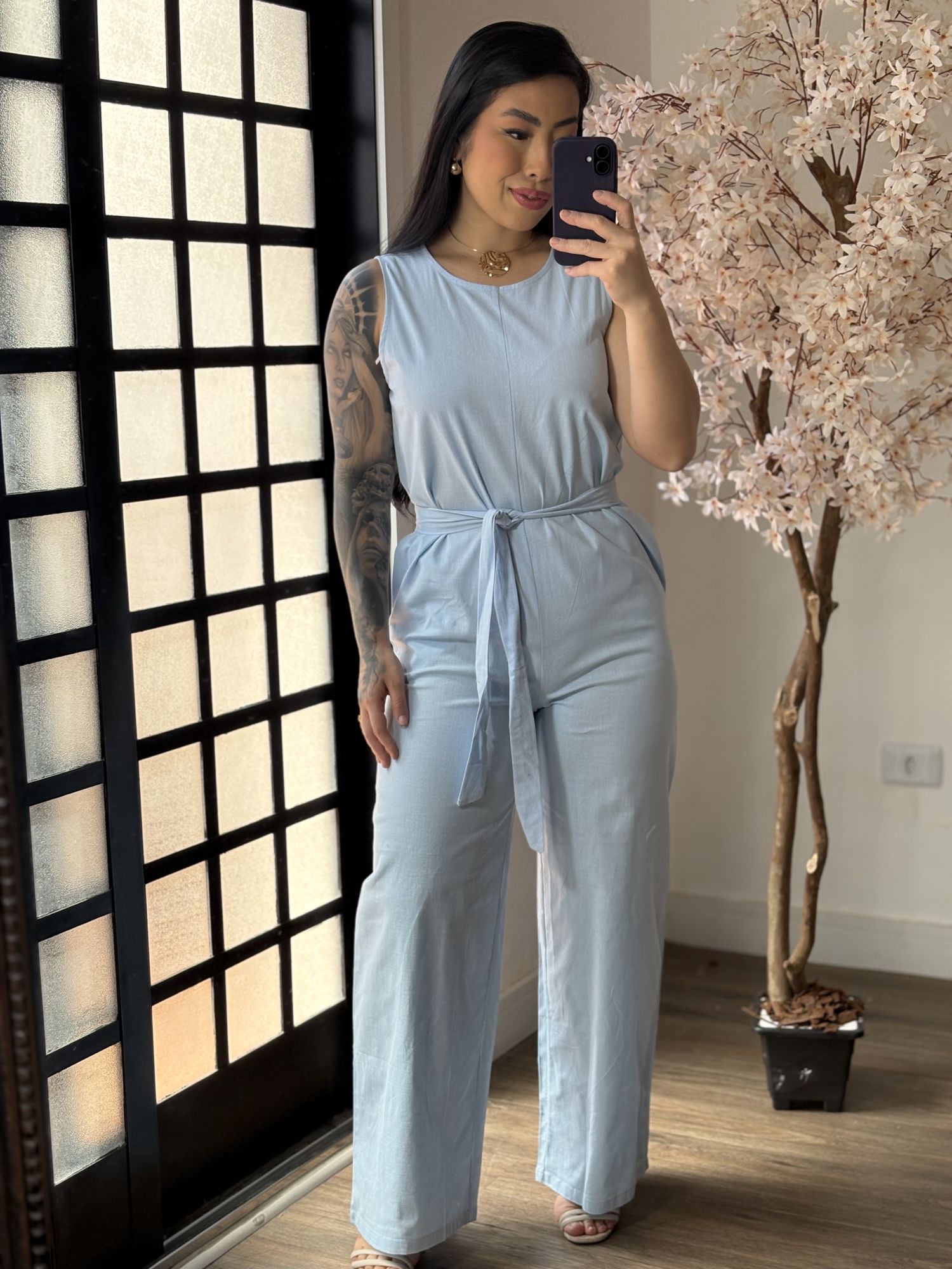 Macacão Pantalona Linho Susy 089 - Azul Claro C030