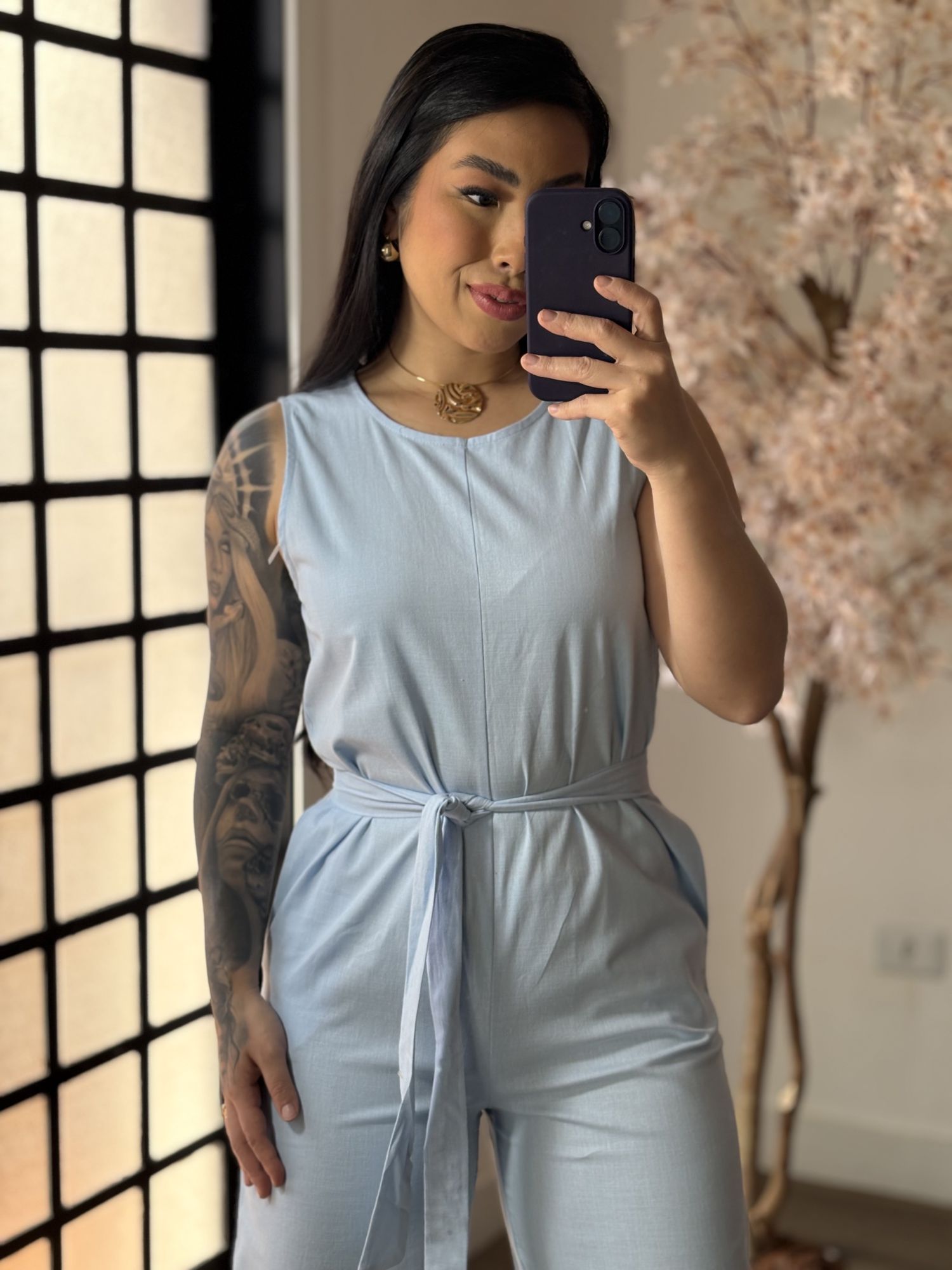 Macacão Pantalona Linho Susy 089 - Azul Claro C030