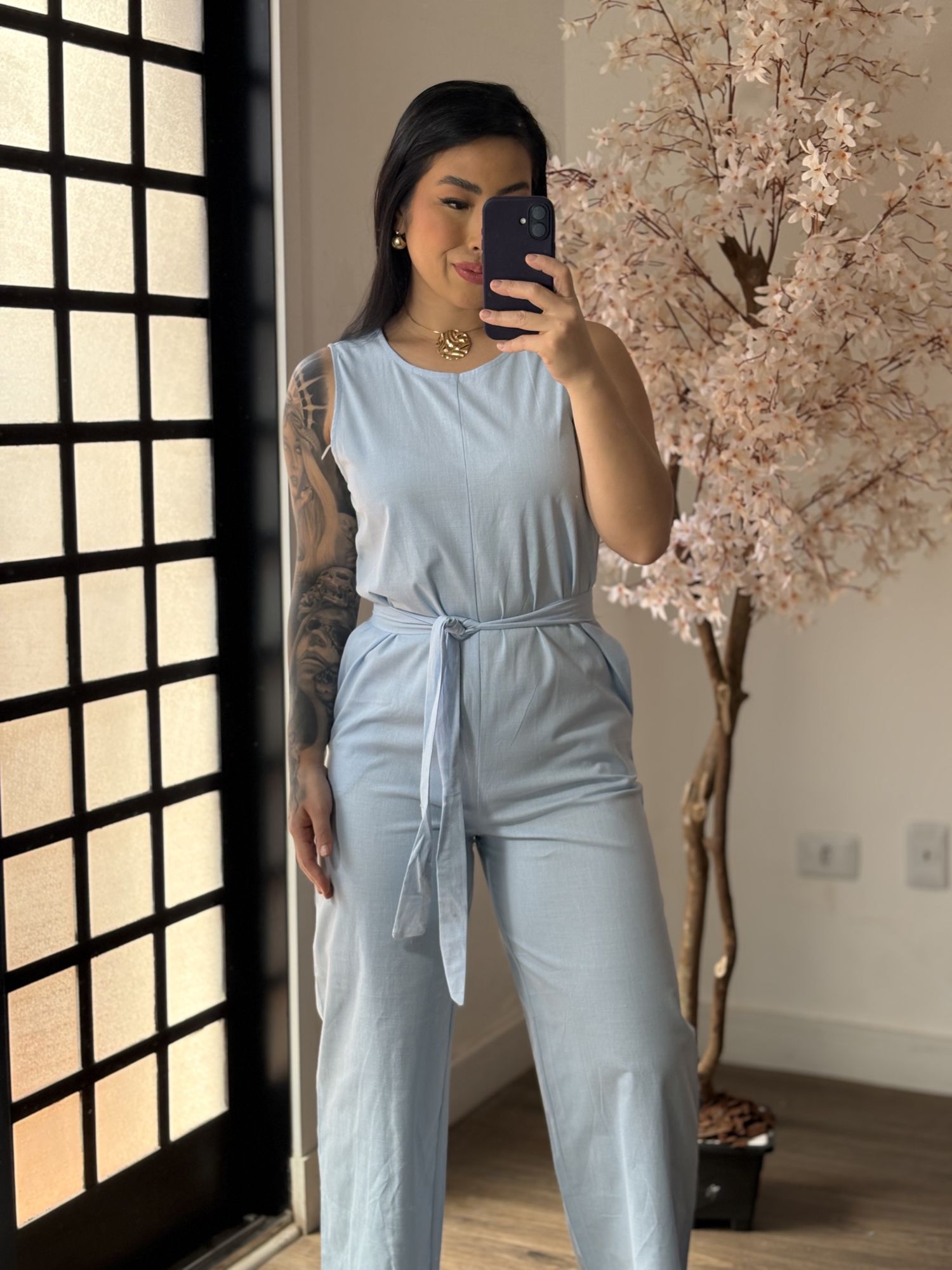 Macacão Pantalona Linho Susy 089 - Azul Claro C030