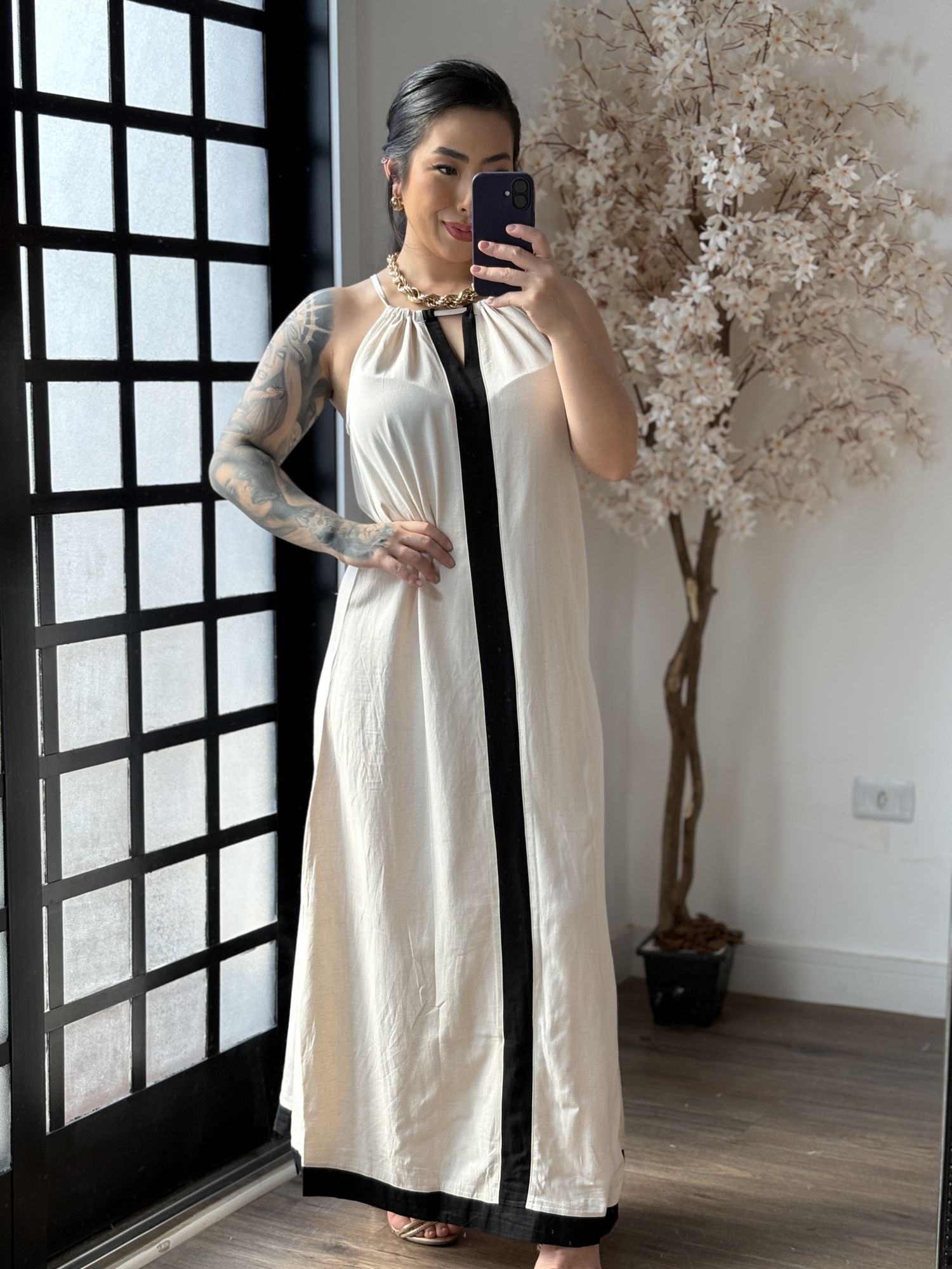 Vestido Longo Linho Importado Dandara 3176 - Cru C062