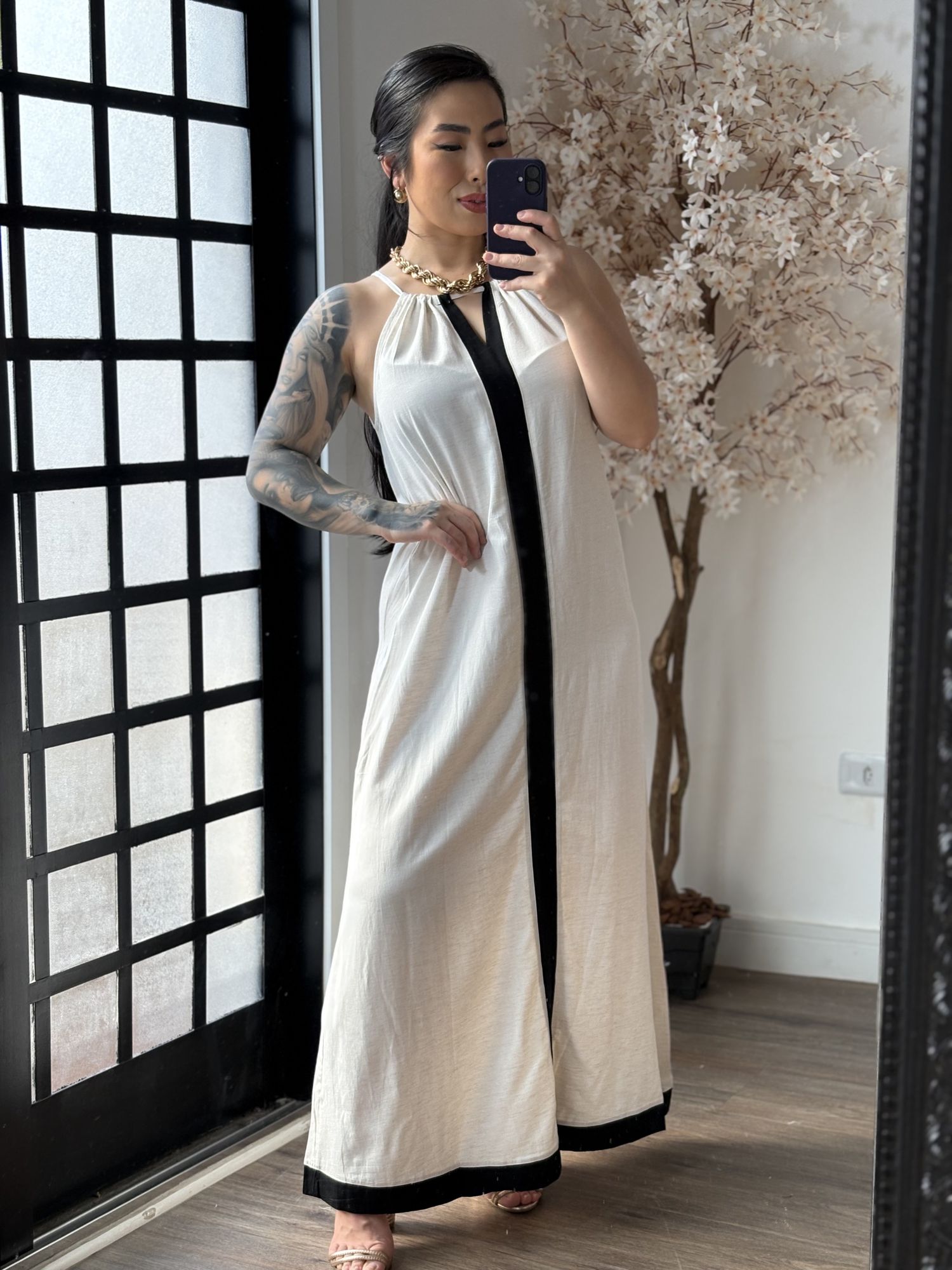 Vestido Longo Linho Importado Dandara 3176 - Off C064