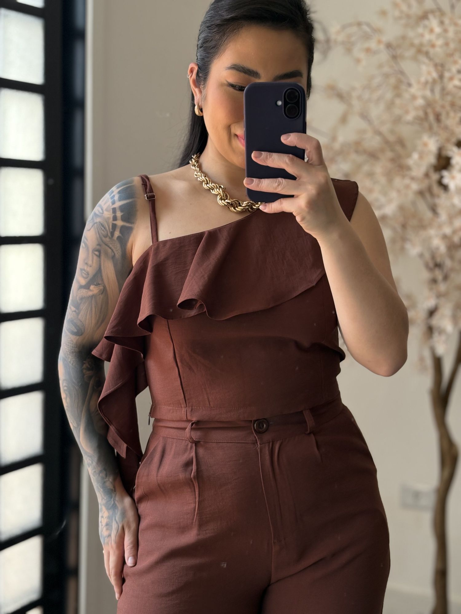 Conjunto Pantalona Babado Maria Liz Y493 - Marrom C031