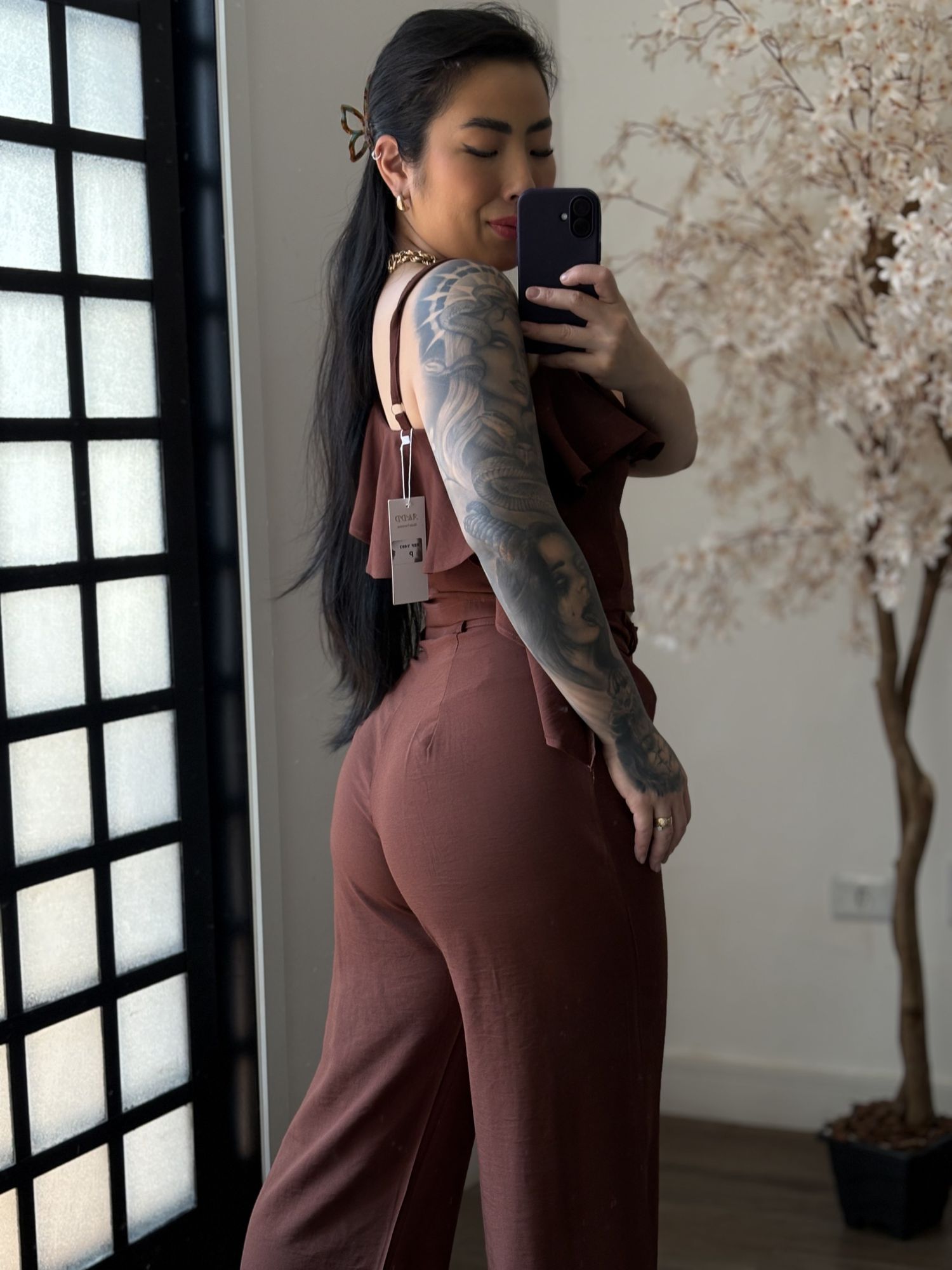 Conjunto Pantalona Babado Maria Liz Y493 - Marrom C031