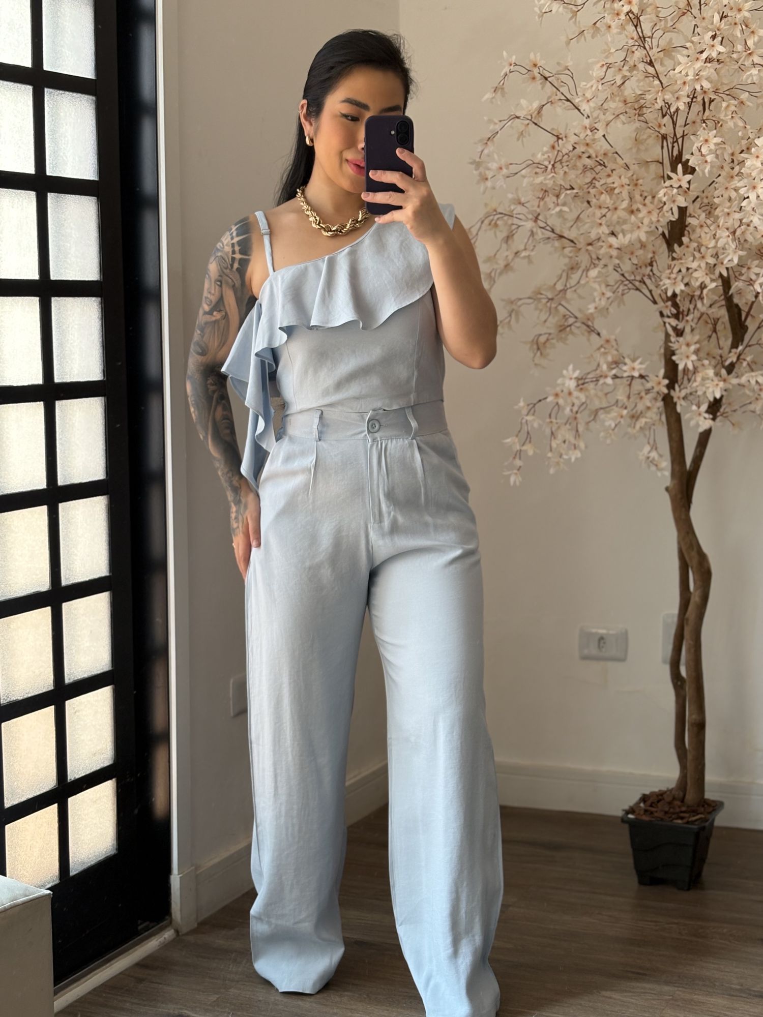 Conjunto Pantalona Babado Maria Liz Y493 - Azul Claro C031