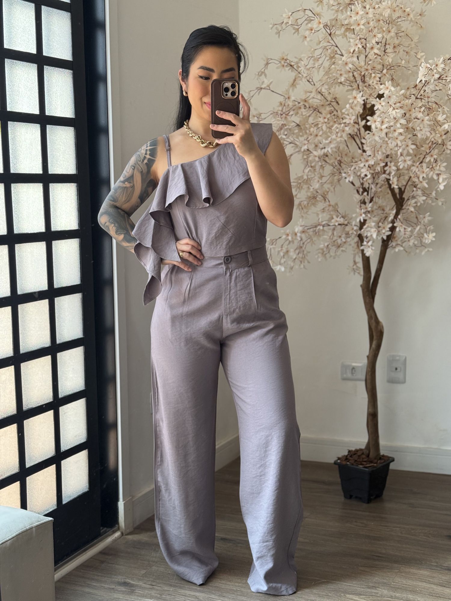 Conjunto Pantalona Babado Maria Liz Y493 - Cinza C031