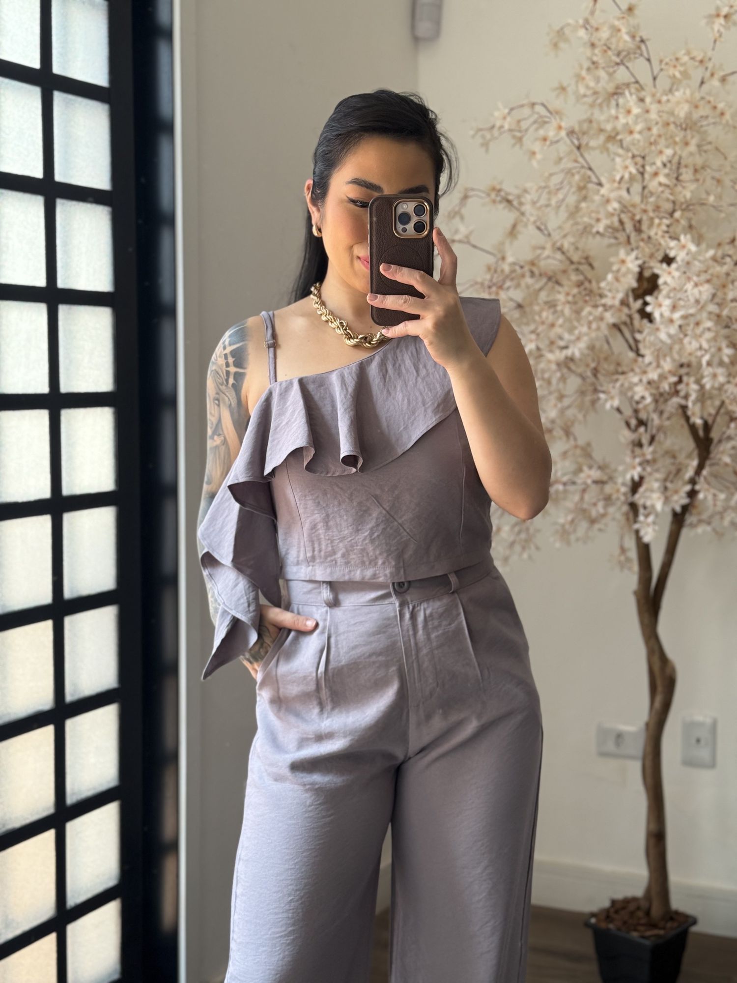 Conjunto Pantalona Babado Maria Liz Y493 - Cinza C031