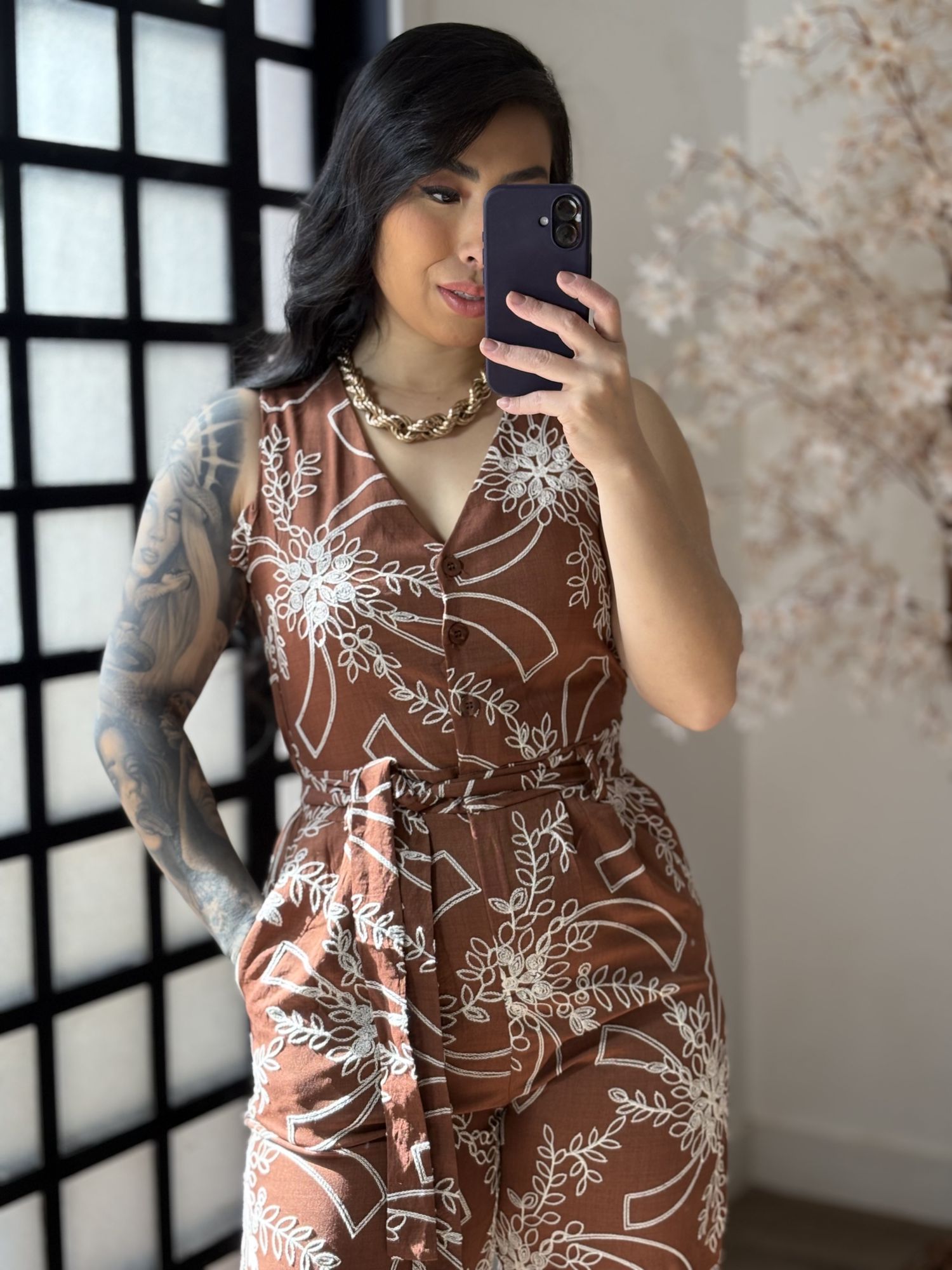 Macacão Bordado Giula 9516 - Marrom C038