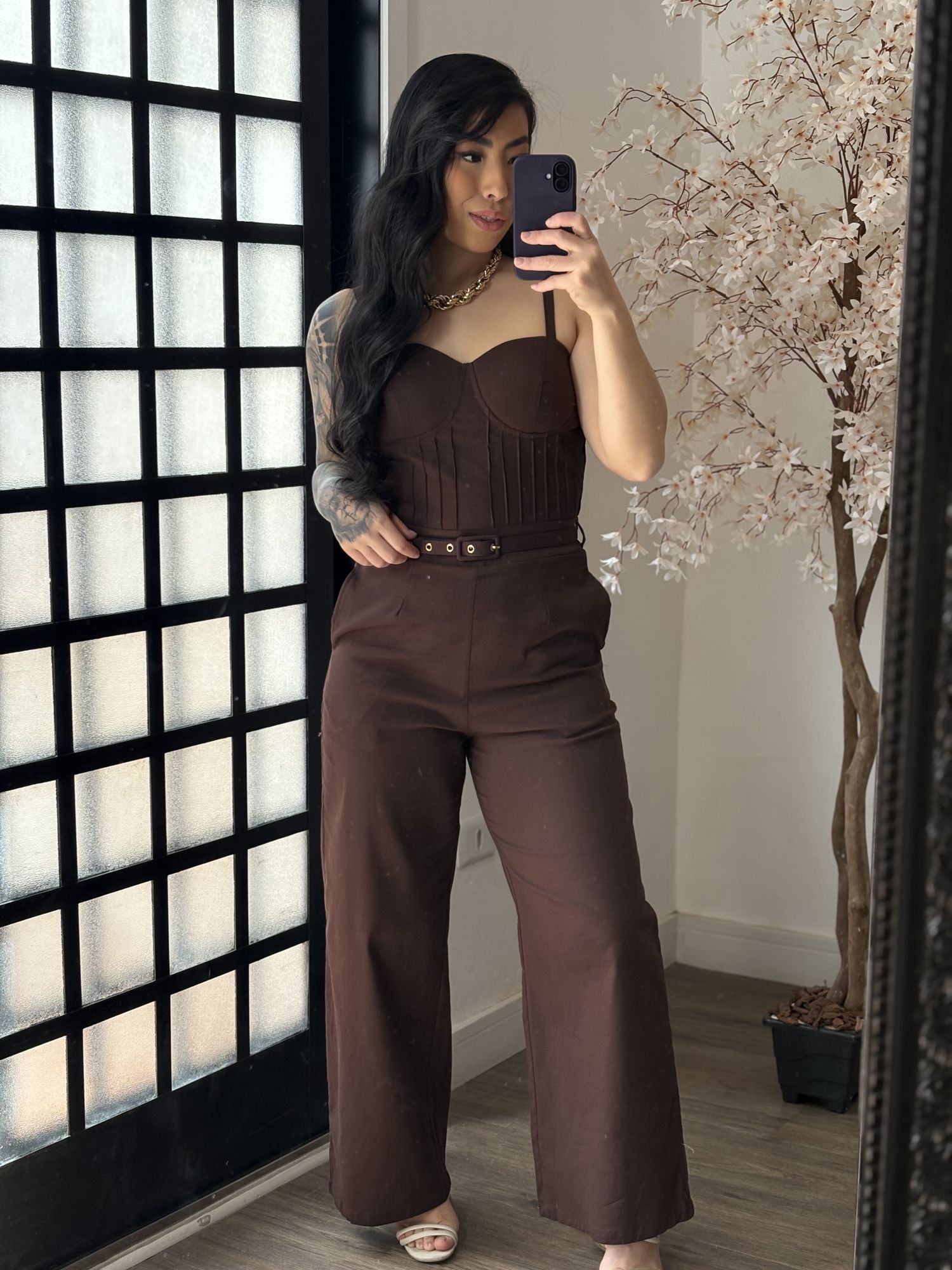 Macacão Linho com Cinto Zoe L007 - Marrom Escuro C052