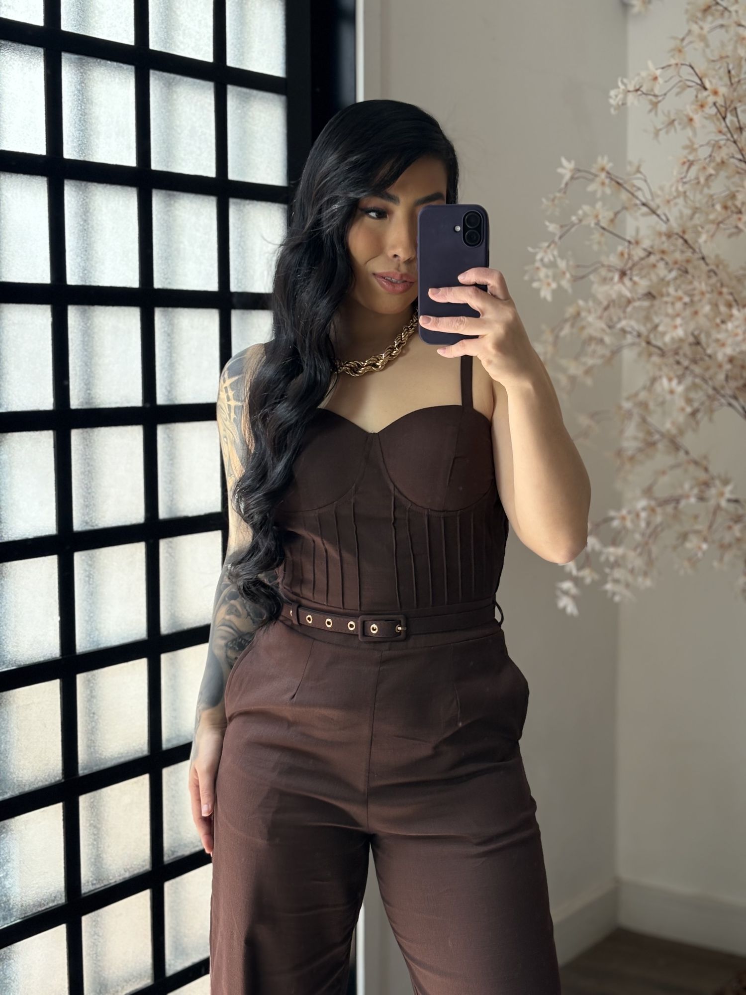 Macacão Linho com Cinto Zoe L007 - Marrom Escuro C052