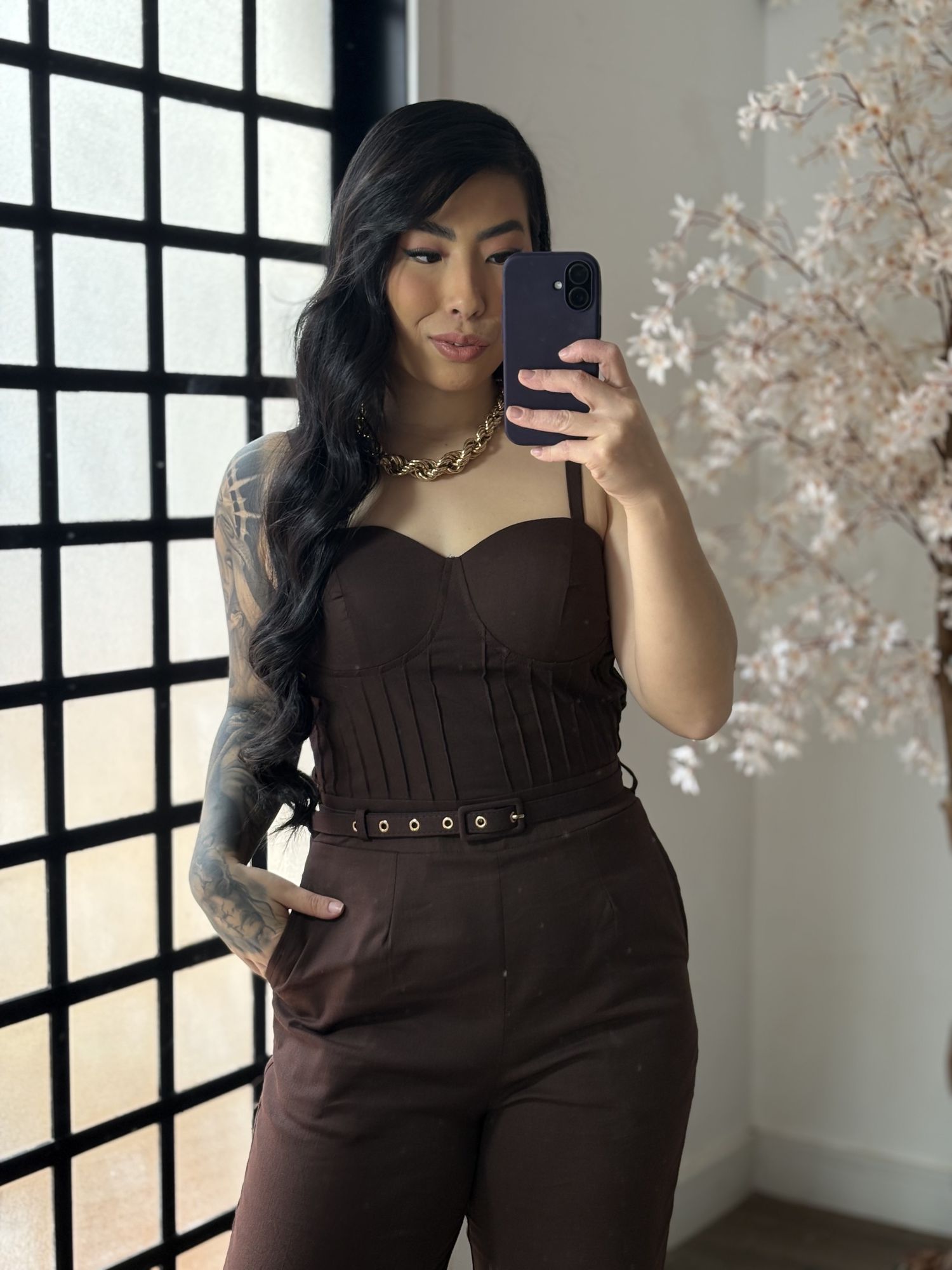 Macacão Linho com Cinto Zoe L007 - Marrom Escuro C052