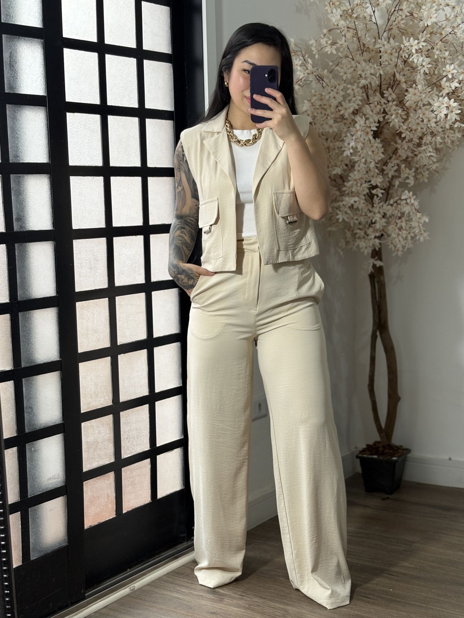 Conjunto Calça Pantalona Roberta 3305 - Creme 