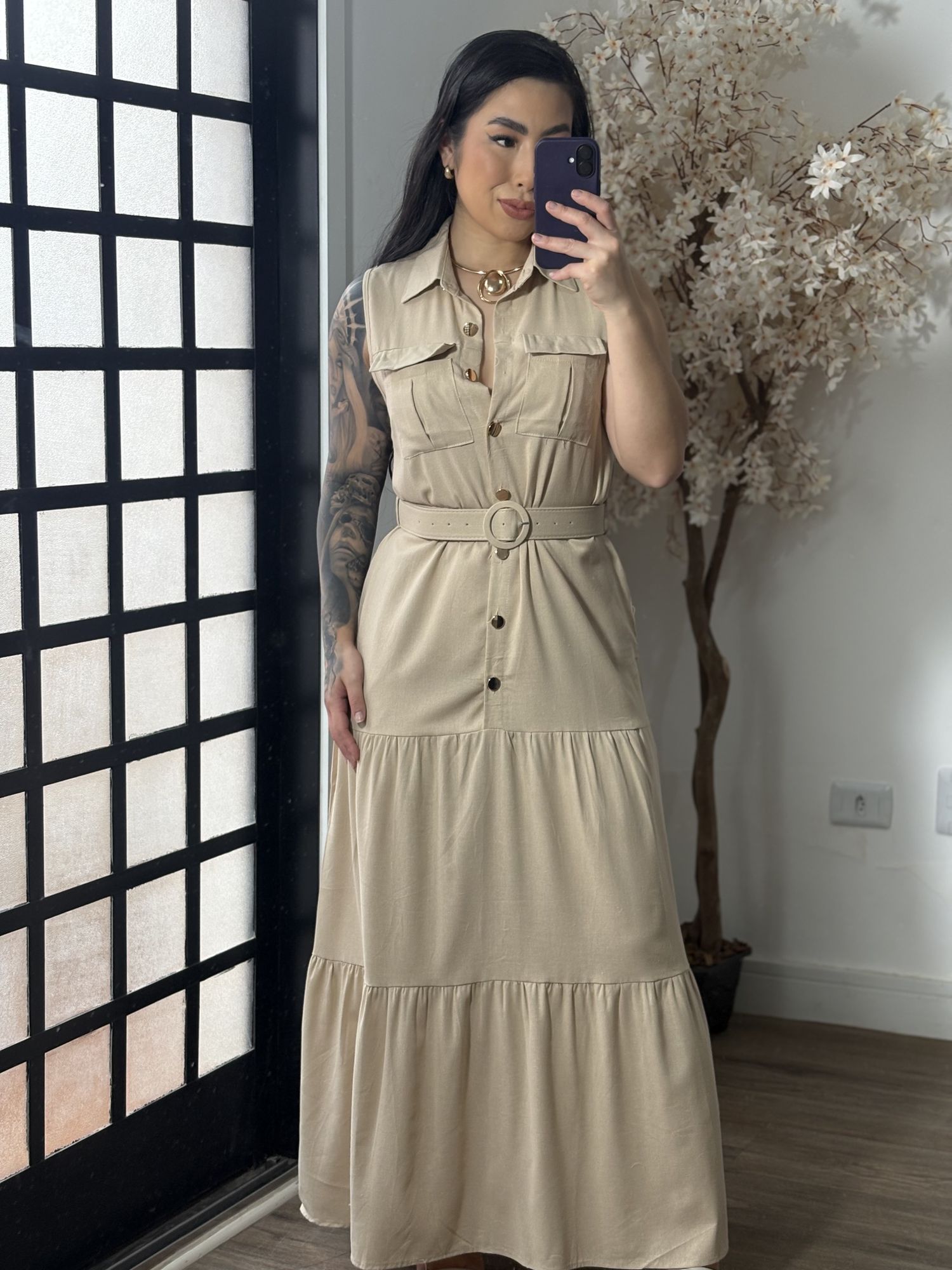 Vestido Linho C/ Cinto Ayla 3600 - Bege C066