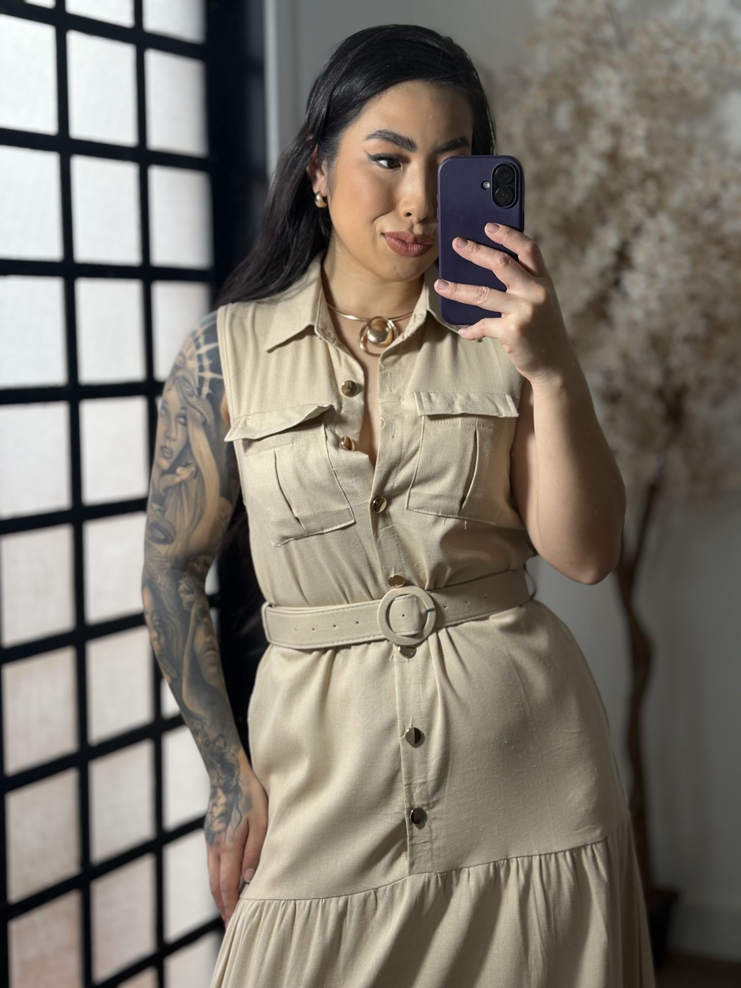 Vestido Linho C/ Cinto Ayla 3600 - Bege C066