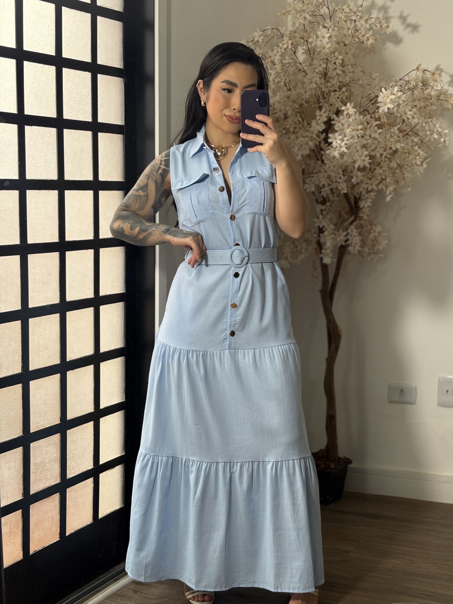 Vestido Linho C/ Cinto Ayla 3600 - Azul C066